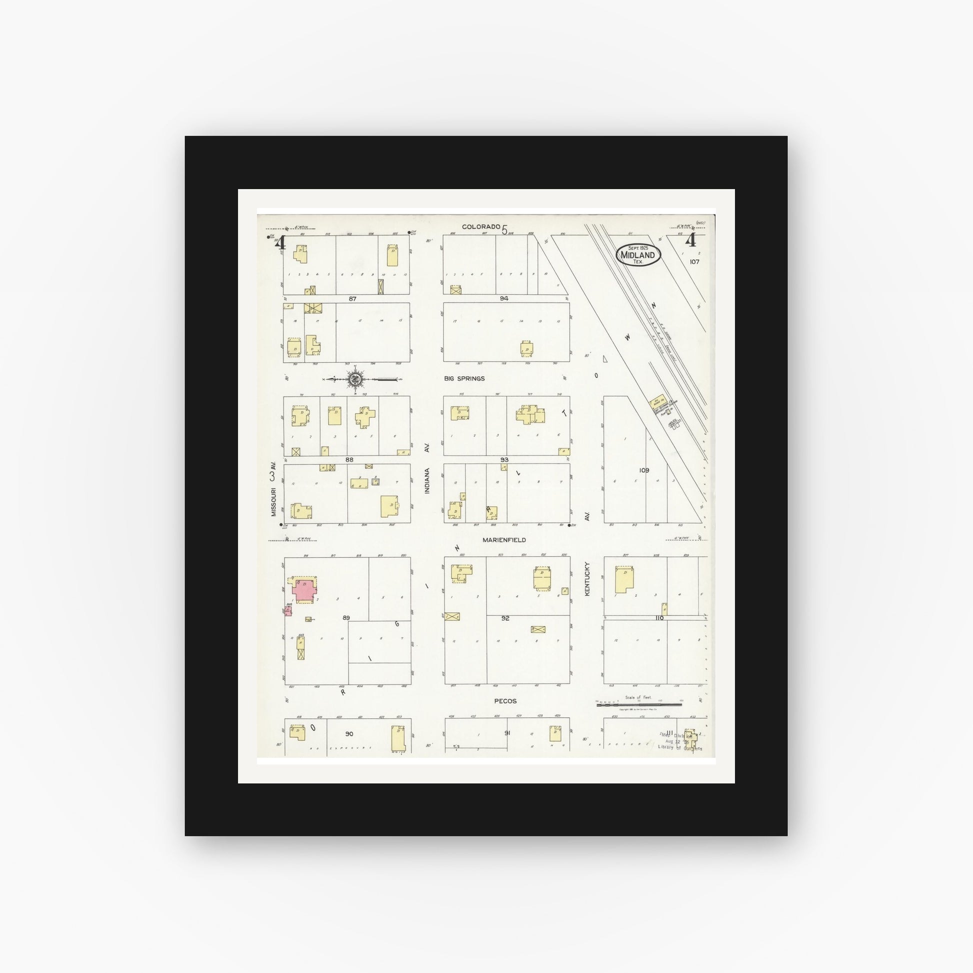 Old map wall art mockup — black gallery frame with white mat — Sanborn Fire Insurance Map from Midland, Midland County, Texas (1925), Sheet #0004