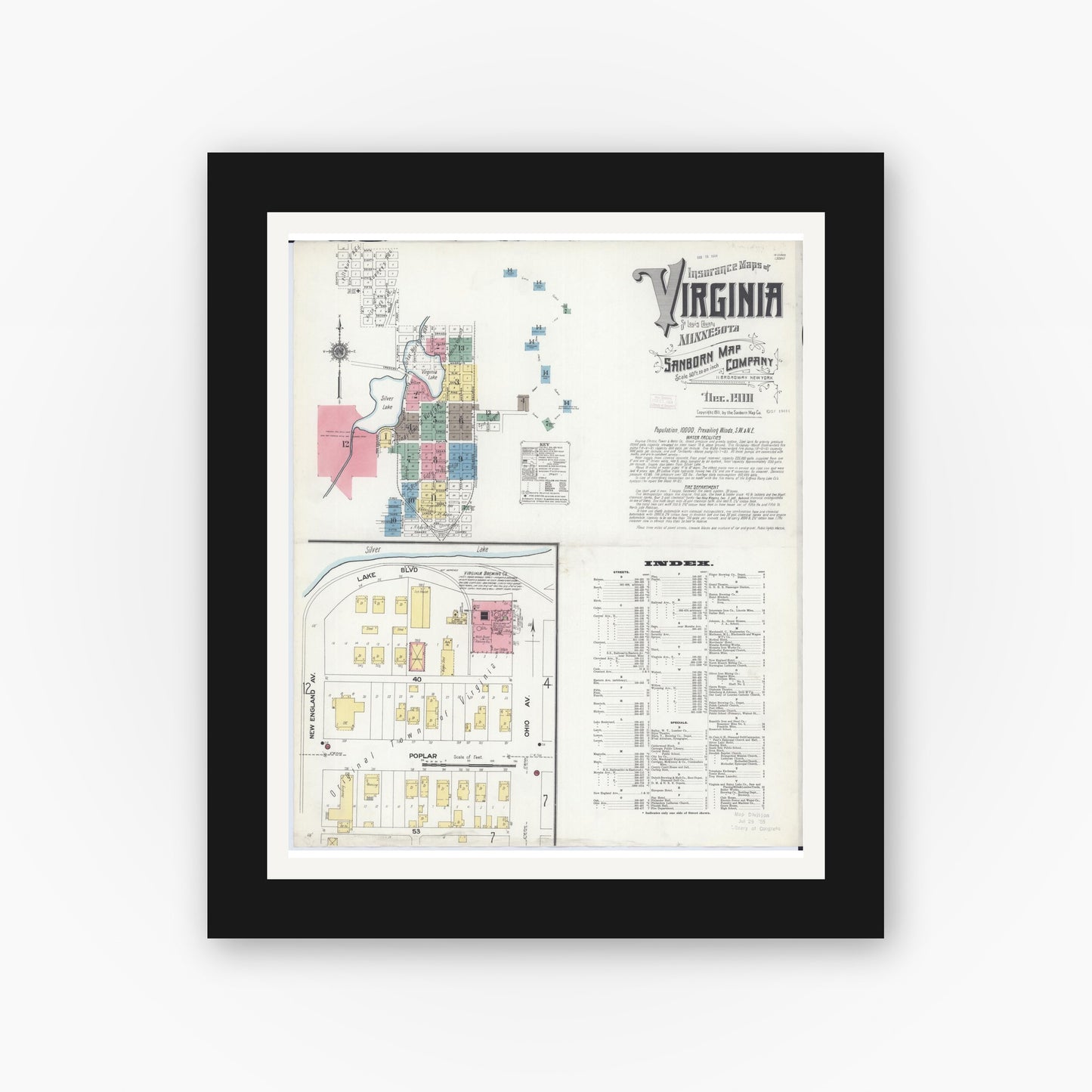 Old map wall art mockup — black gallery frame with white mat — Sanborn Fire Insurance Map from Virginia, Saint Louis County, Minnesota (1910) - Complete Map Set