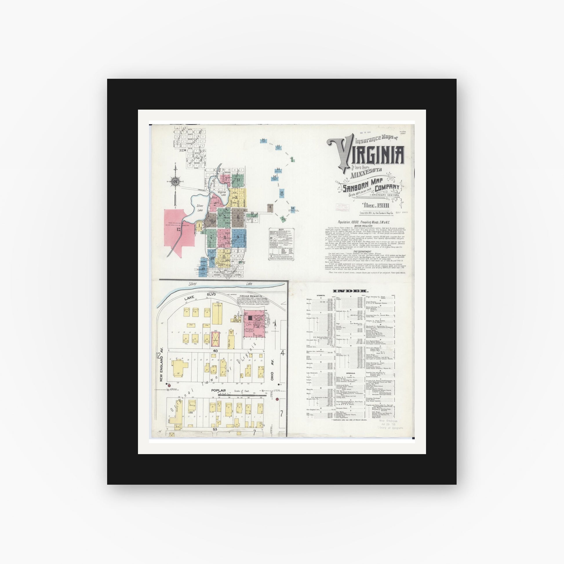Old map wall art mockup — black gallery frame with white mat — Sanborn Fire Insurance Map from Virginia, Saint Louis County, Minnesota (1910) - Complete Map Set