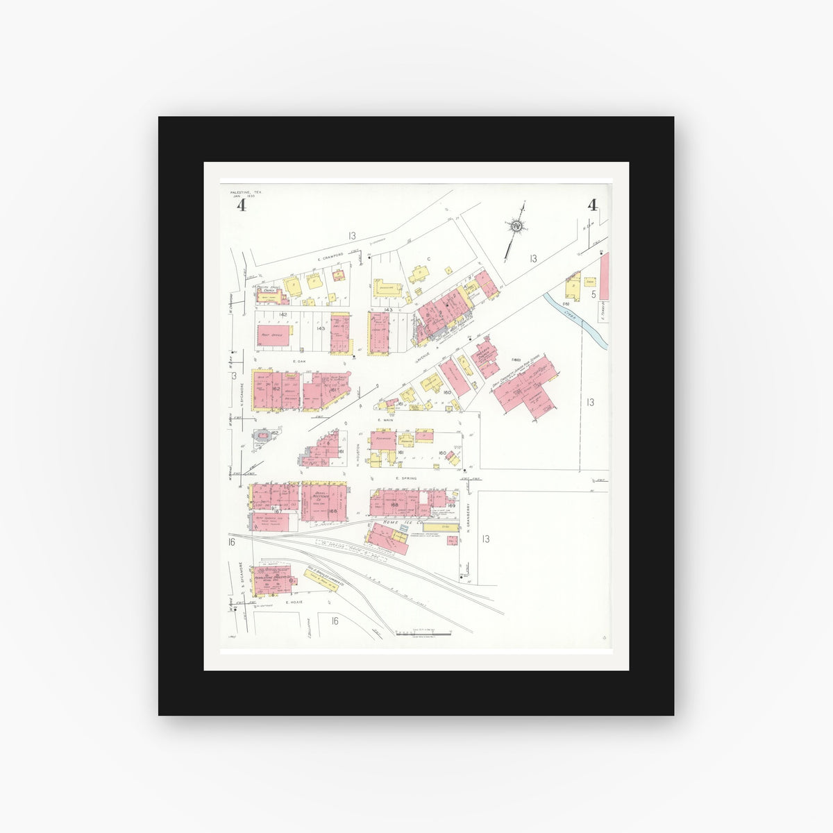Old map wall art mockup — black gallery frame with white mat — Sanborn Fire Insurance Map from Palestine, Anderson County, Texas (1935), Sheet #0004