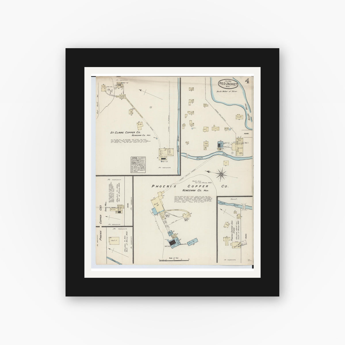 Old map wall art mockup — black gallery frame with white mat — Sanborn Fire Insurance Map from Red Jacket, Houghton County, Michigan (1884), Sheet #0004