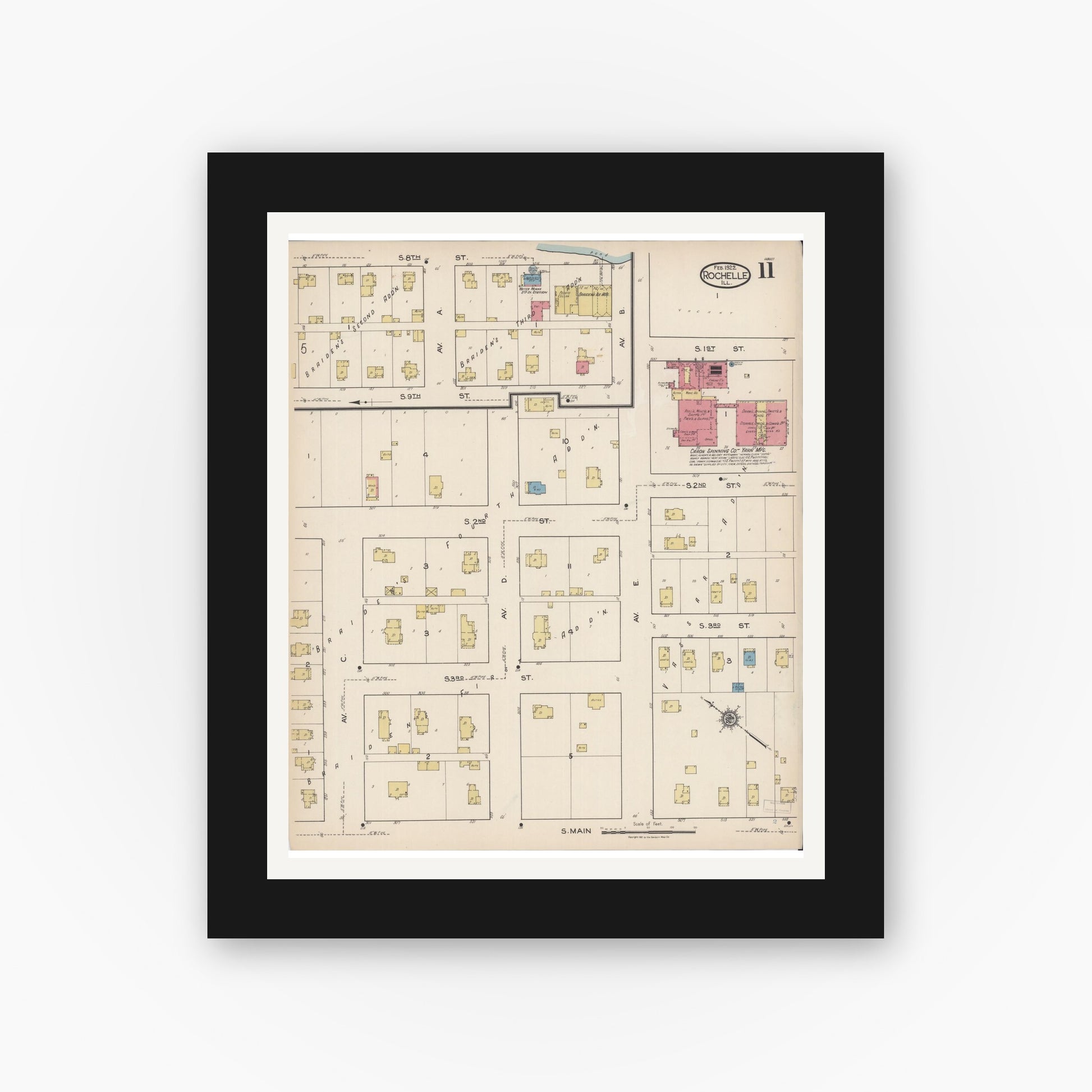Old map wall art mockup — black gallery frame with white mat — Sanborn Fire Insurance Map from Rochelle, Ogle County, Illinois (1922), Sheet #0011