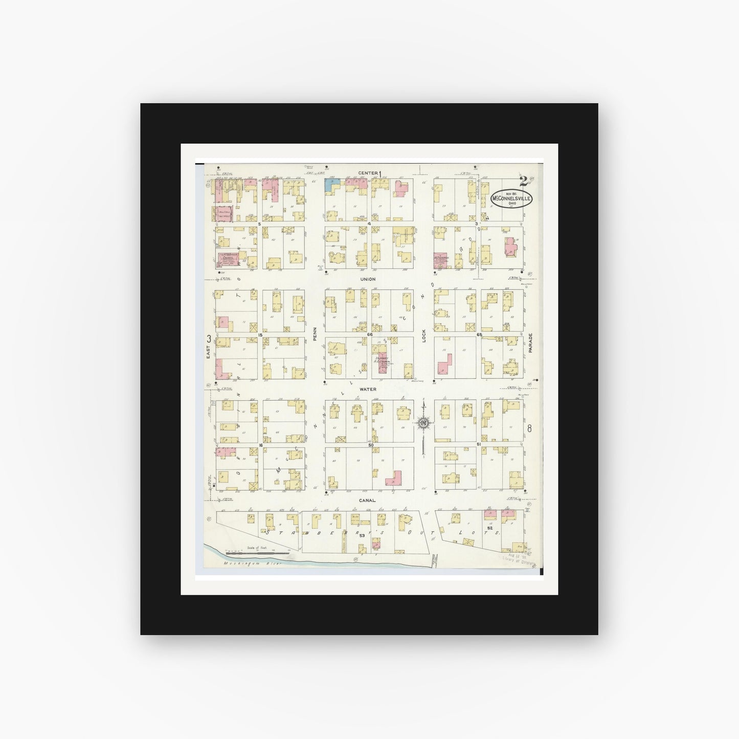 Old map wall art mockup — black gallery frame with white mat — Sanborn Fire Insurance Map from McConnelsville, Morgan County, Ohio (1911), Sheet #0002
