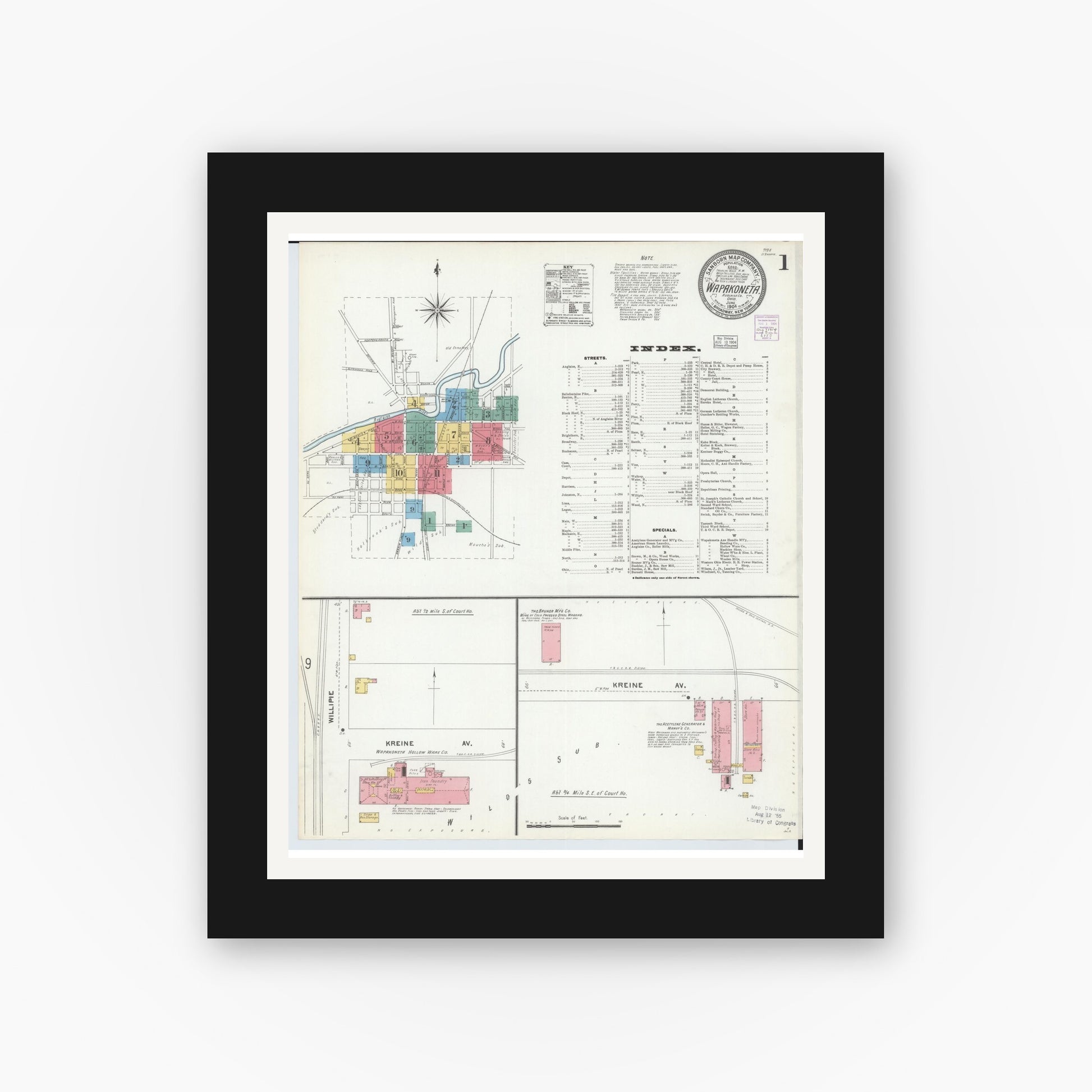 Old map wall art mockup — black gallery frame with white mat — Sanborn Fire Insurance Map from Wapakoneta, Auglaize County, Ohio (1904), Sheet #0001