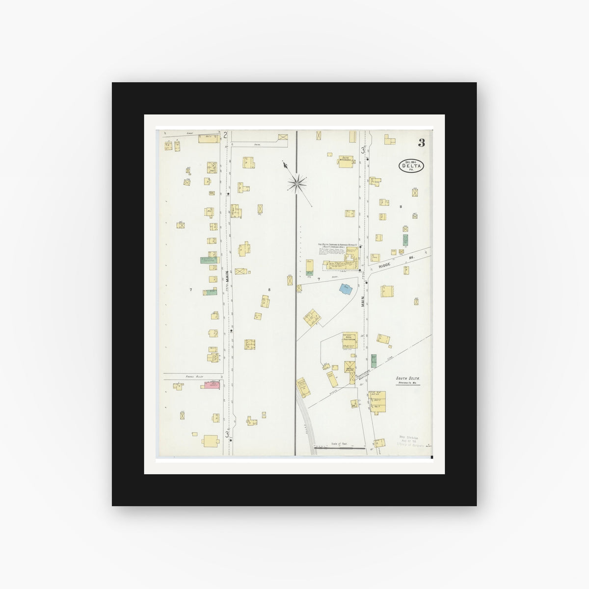 Old map wall art mockup — black gallery frame with white mat — Sanborn Fire Insurance Map from Delta, York County, Pennsylvania (1904), Sheet #0003