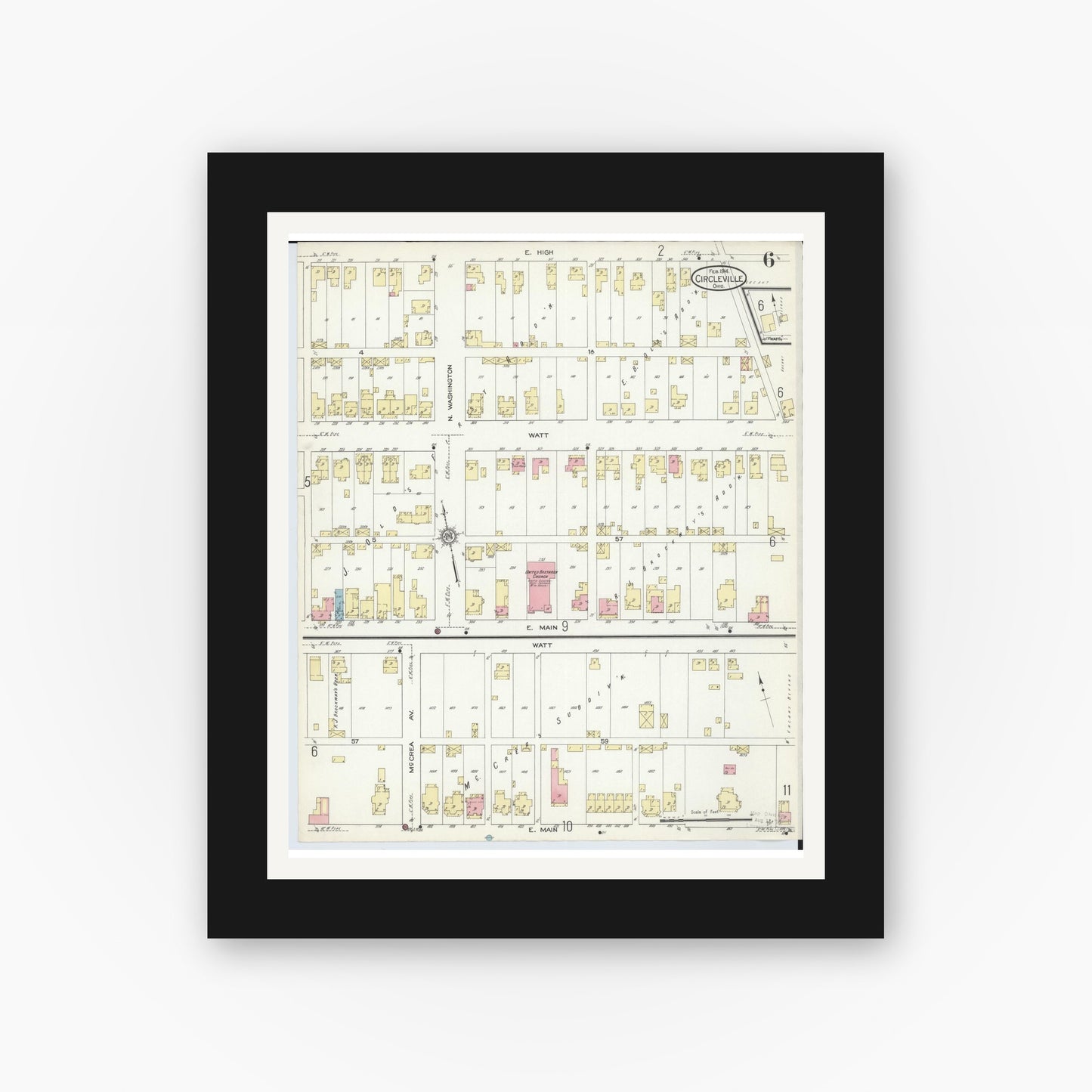 Old map wall art mockup — black gallery frame with white mat — Sanborn Fire Insurance Map from Circleville, Pickaway County, Ohio (1914), Sheet #0006