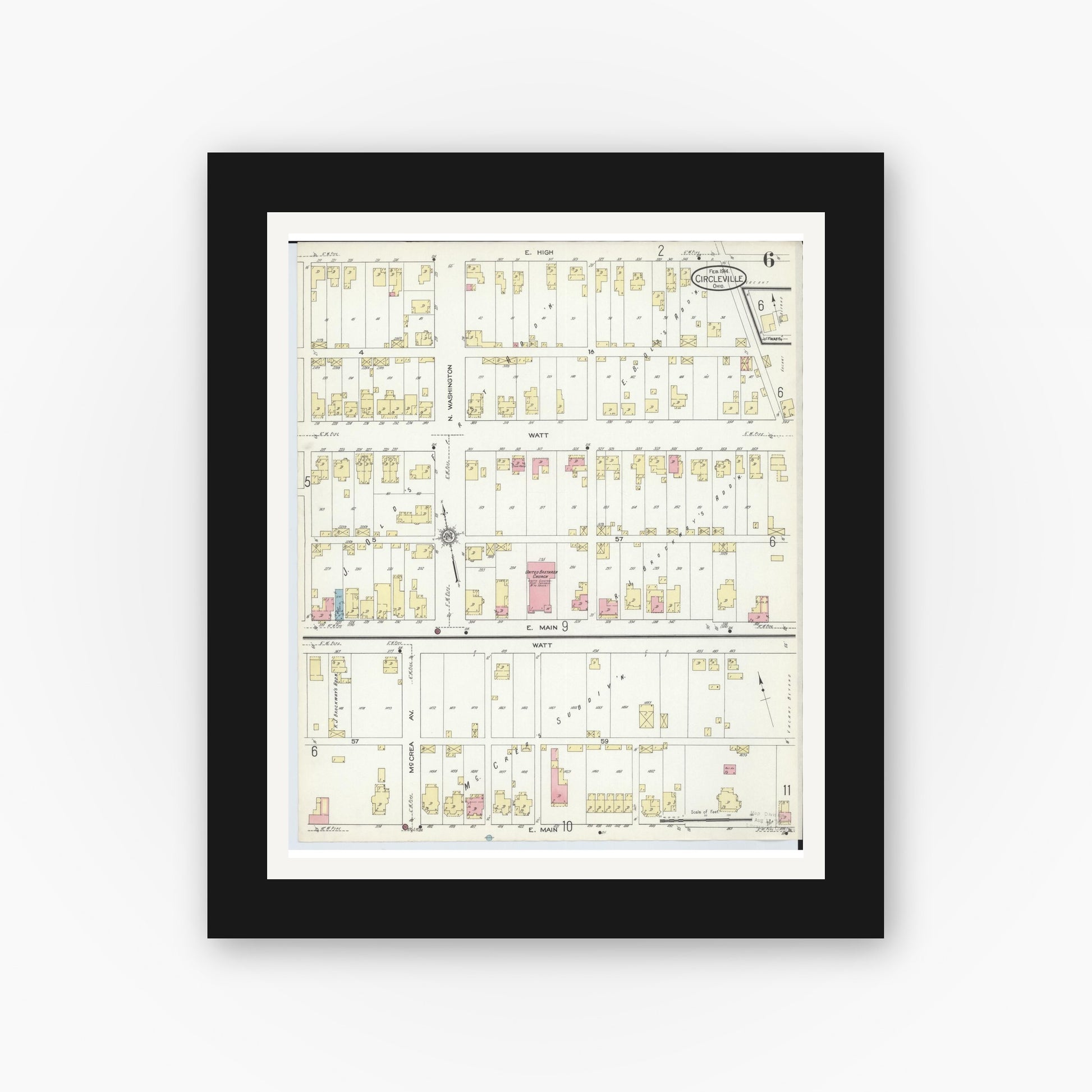 Old map wall art mockup — black gallery frame with white mat — Sanborn Fire Insurance Map from Circleville, Pickaway County, Ohio (1914), Sheet #0006