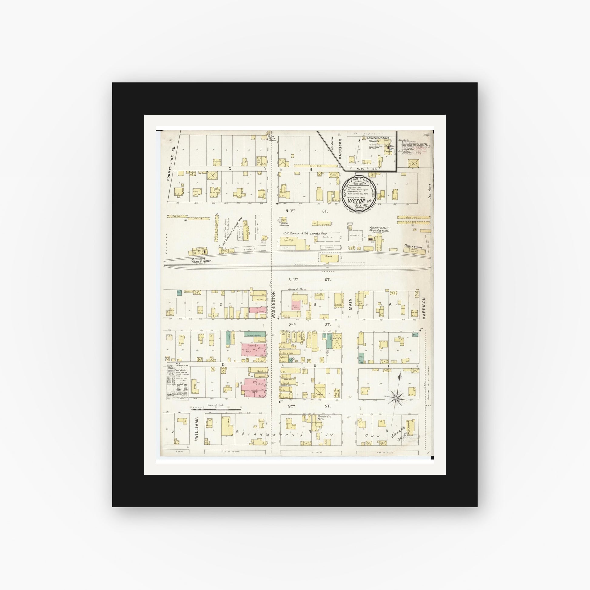 Old map wall art mockup — black gallery frame with white mat — Sanborn Fire Insurance Map from Victor, Iowa County, Iowa (1895), Sheet #0001