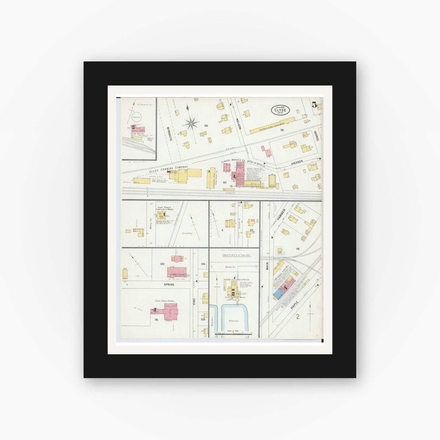 Old map wall art mockup — black gallery frame with white mat — Sanborn Fire Insurance Map from Clyde, Sandusky County, Ohio (1899), Sheet #0005