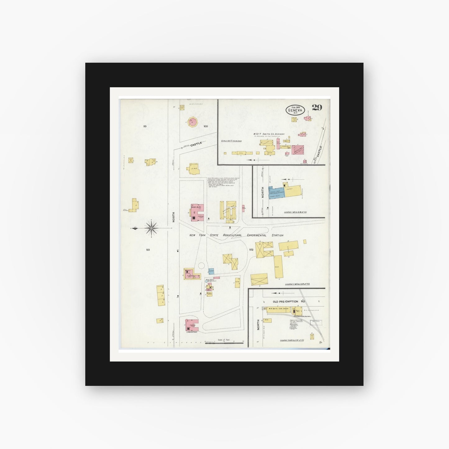 Old map wall art mockup — black gallery frame with white mat — Sanborn Fire Insurance Map from Geneva, Ontario County, New York (1909), Sheet #0029