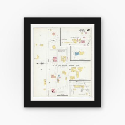 Old map wall art mockup — black gallery frame with white mat — Sanborn Fire Insurance Map from Geneva, Ontario County, New York (1909), Sheet #0029