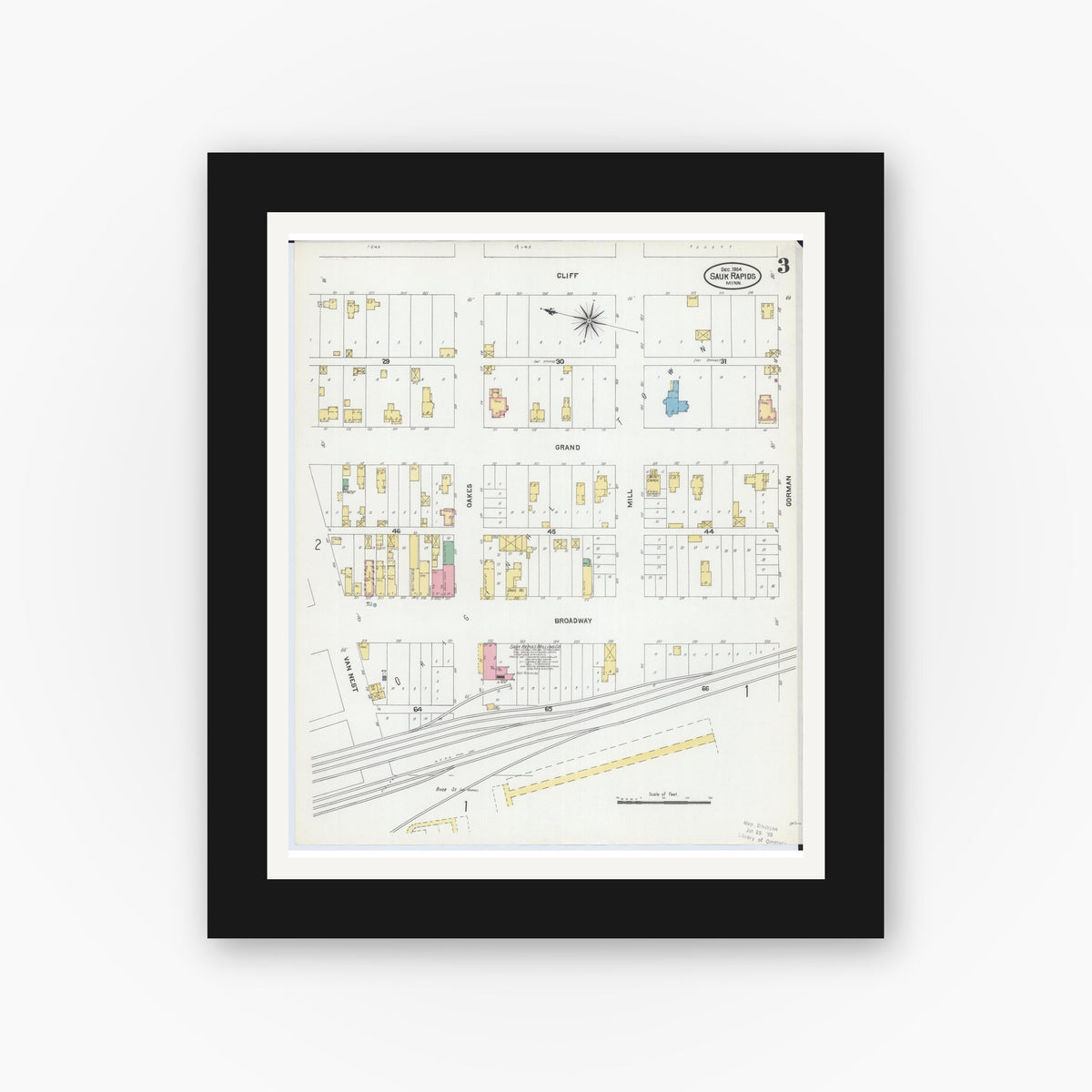 Old map wall art mockup — black gallery frame with white mat — Sanborn Fire Insurance Map from Sauk Rapids, Benton County, Minnesota (1904), Sheet #0003