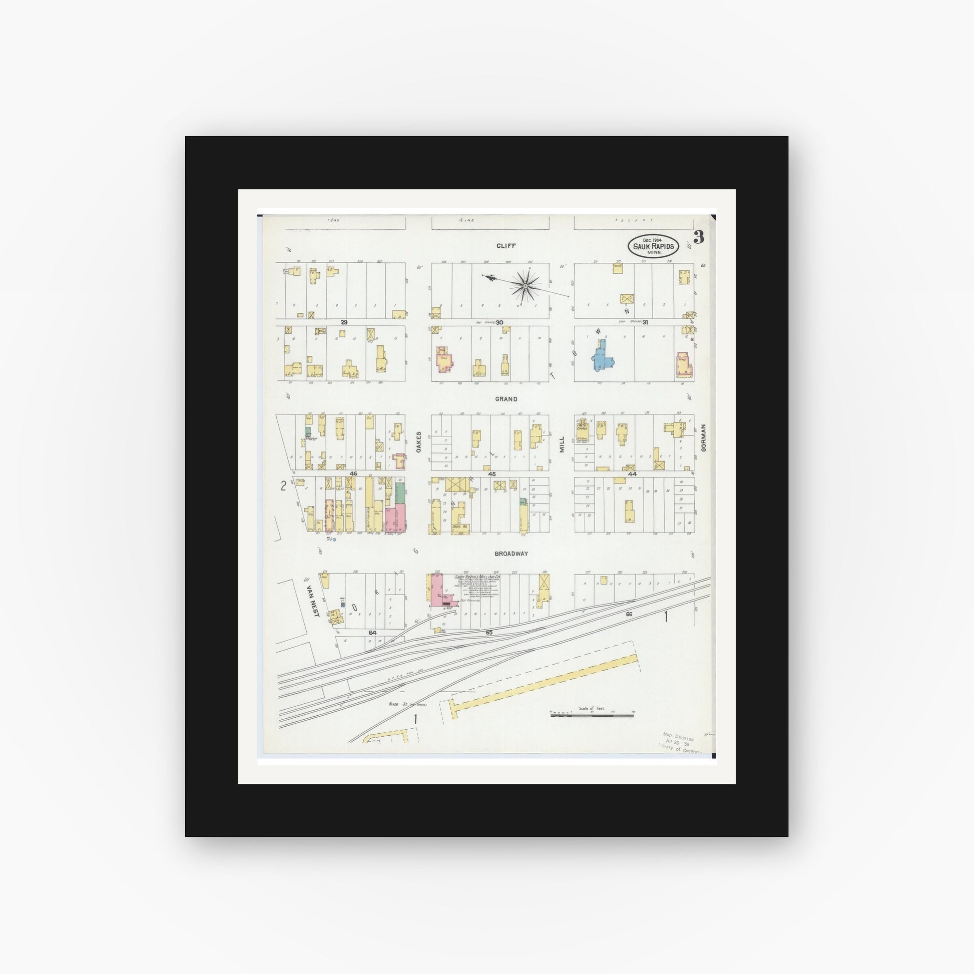 Old map wall art mockup — black gallery frame with white mat — Sanborn Fire Insurance Map from Sauk Rapids, Benton County, Minnesota (1904), Sheet #0003