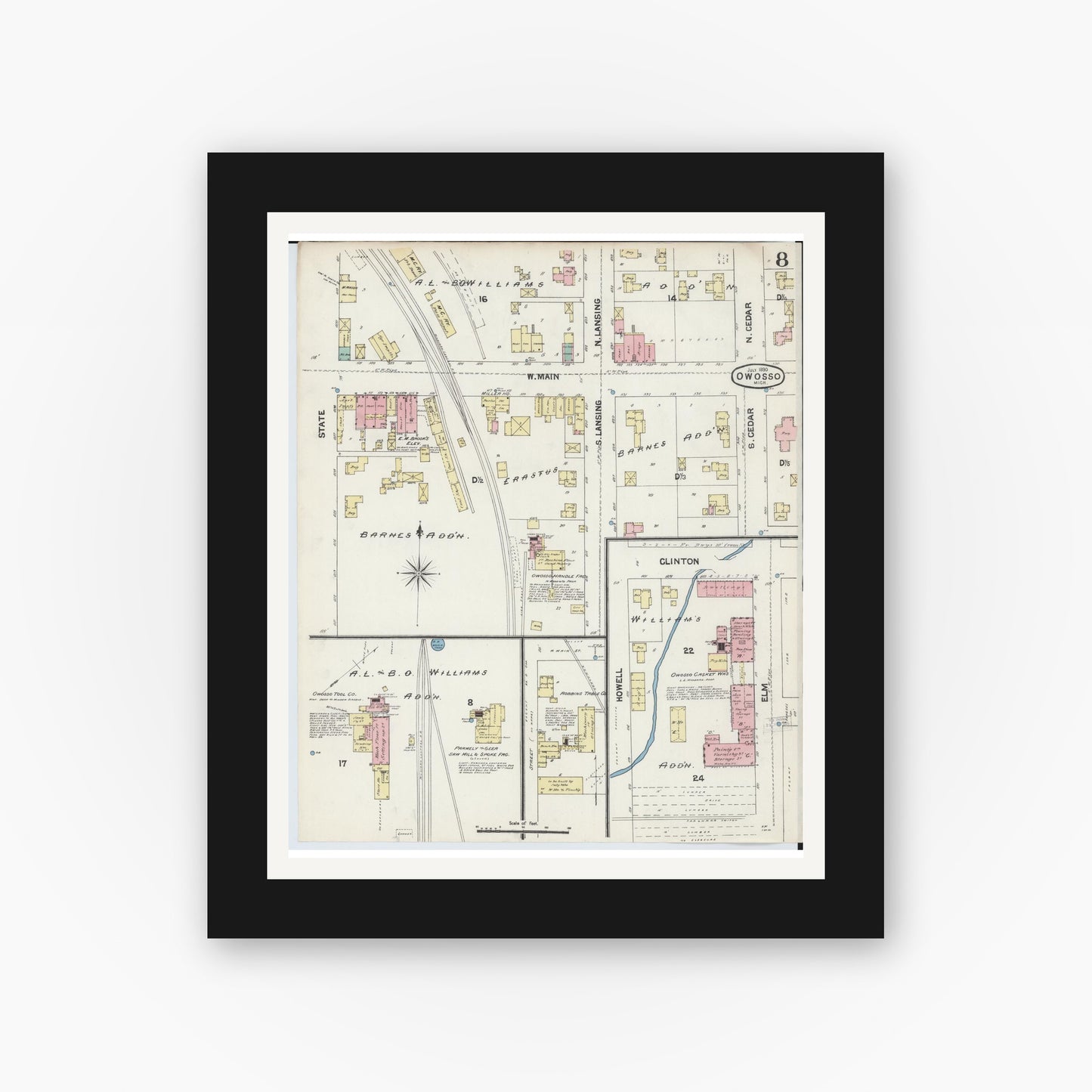 Old map wall art mockup — black gallery frame with white mat — Sanborn Fire Insurance Map from Owosso, Shiawassee County, Michigan (1890), Sheet #0008