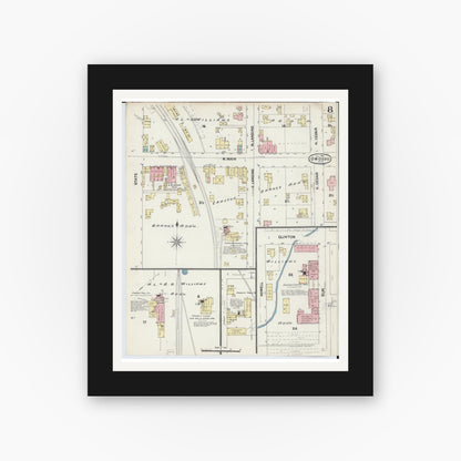 Old map wall art mockup — black gallery frame with white mat — Sanborn Fire Insurance Map from Owosso, Shiawassee County, Michigan (1890), Sheet #0008