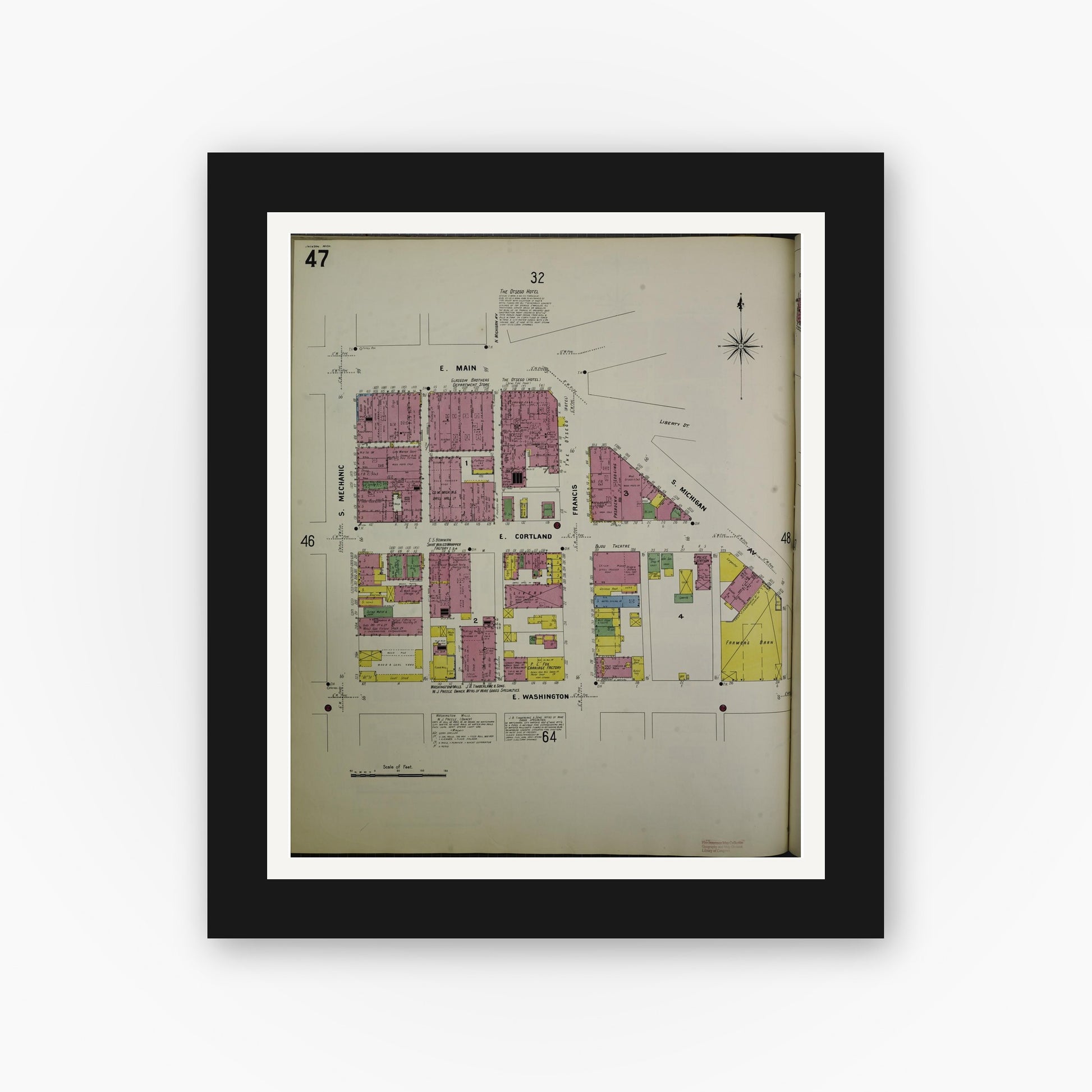 Old map wall art mockup — black gallery frame with white mat — Sanborn Fire Insurance Map from Jackson, Jackson County, Michigan (1907), Sheet #0047