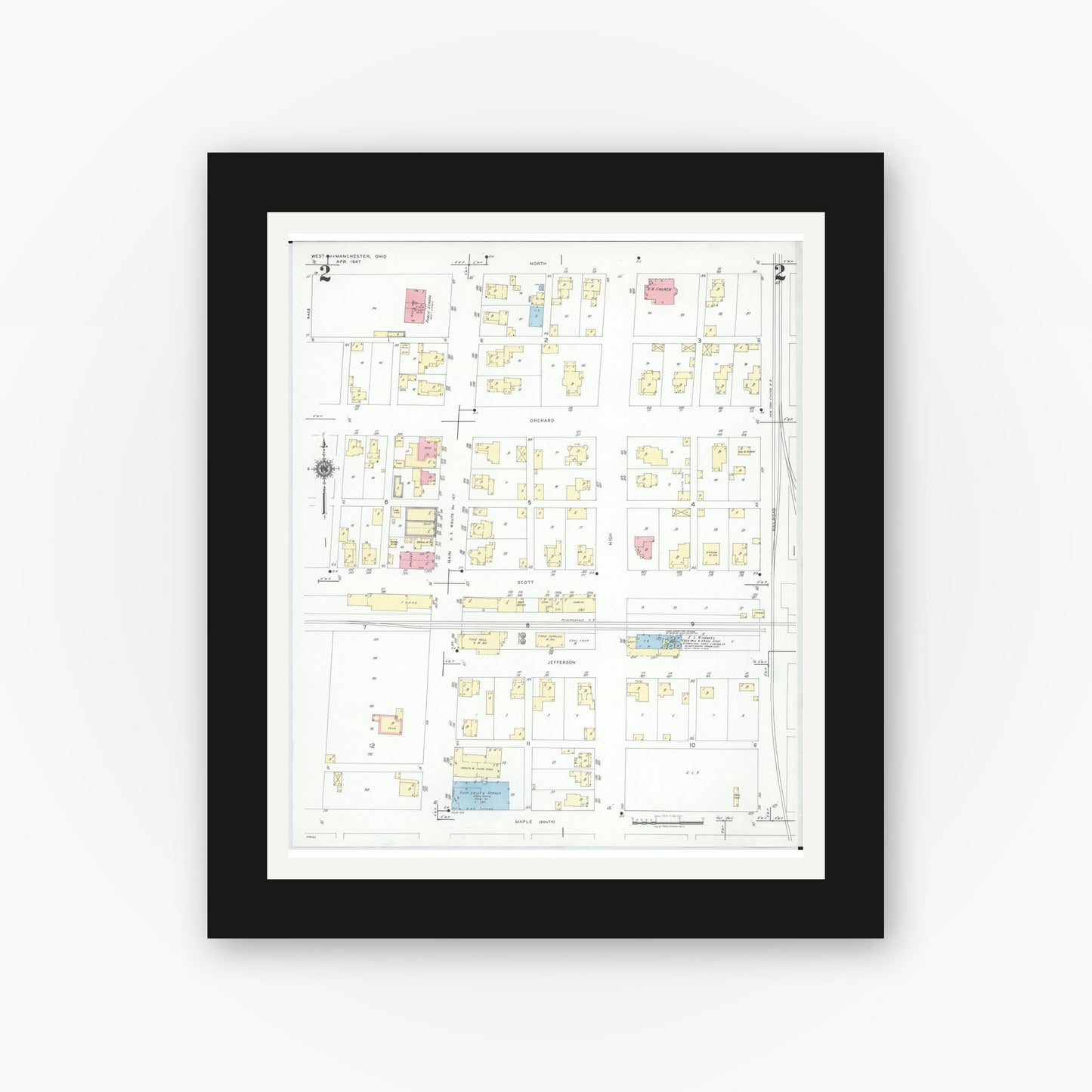 Old map wall art mockup — black gallery frame with white mat — Sanborn Fire Insurance Map from West Manchester, Preble County, Ohio (1947), Sheet #0002