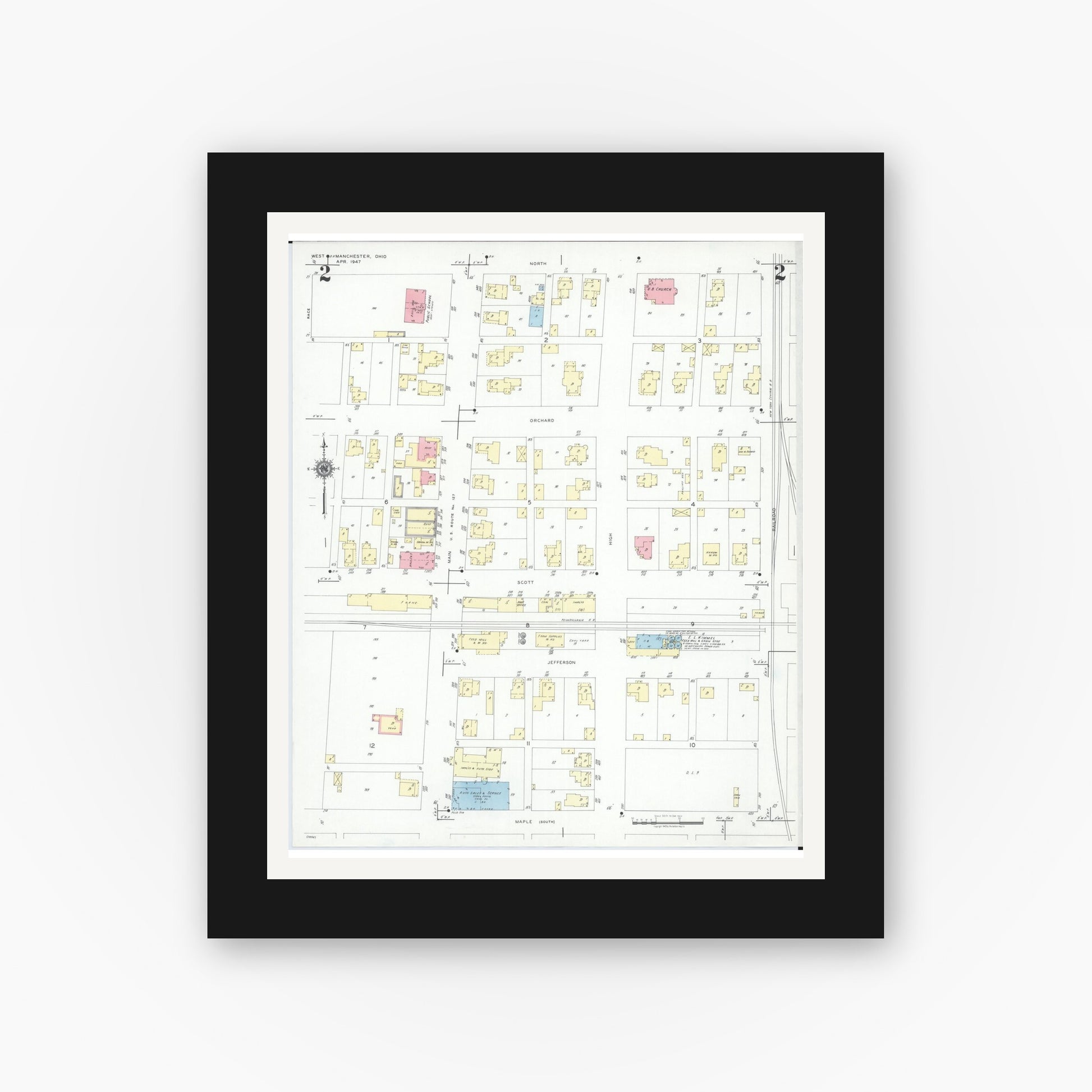 Old map wall art mockup — black gallery frame with white mat — Sanborn Fire Insurance Map from West Manchester, Preble County, Ohio (1947), Sheet #0002