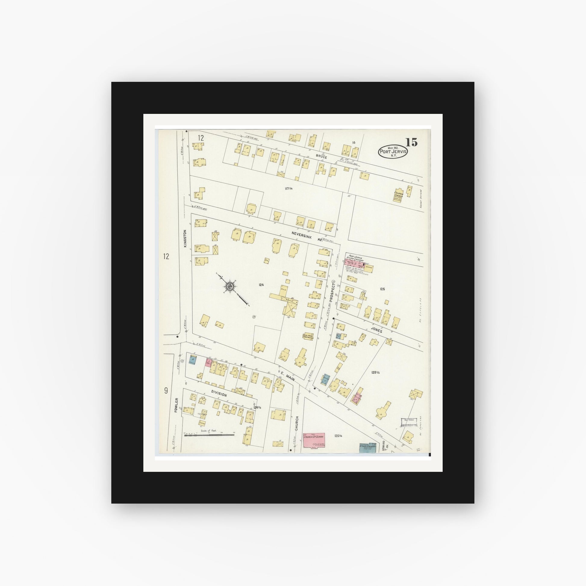 Old map wall art mockup — black gallery frame with white mat — Sanborn Fire Insurance Map from Port Jervis, Orange County, New York (1912), Sheet #0015
