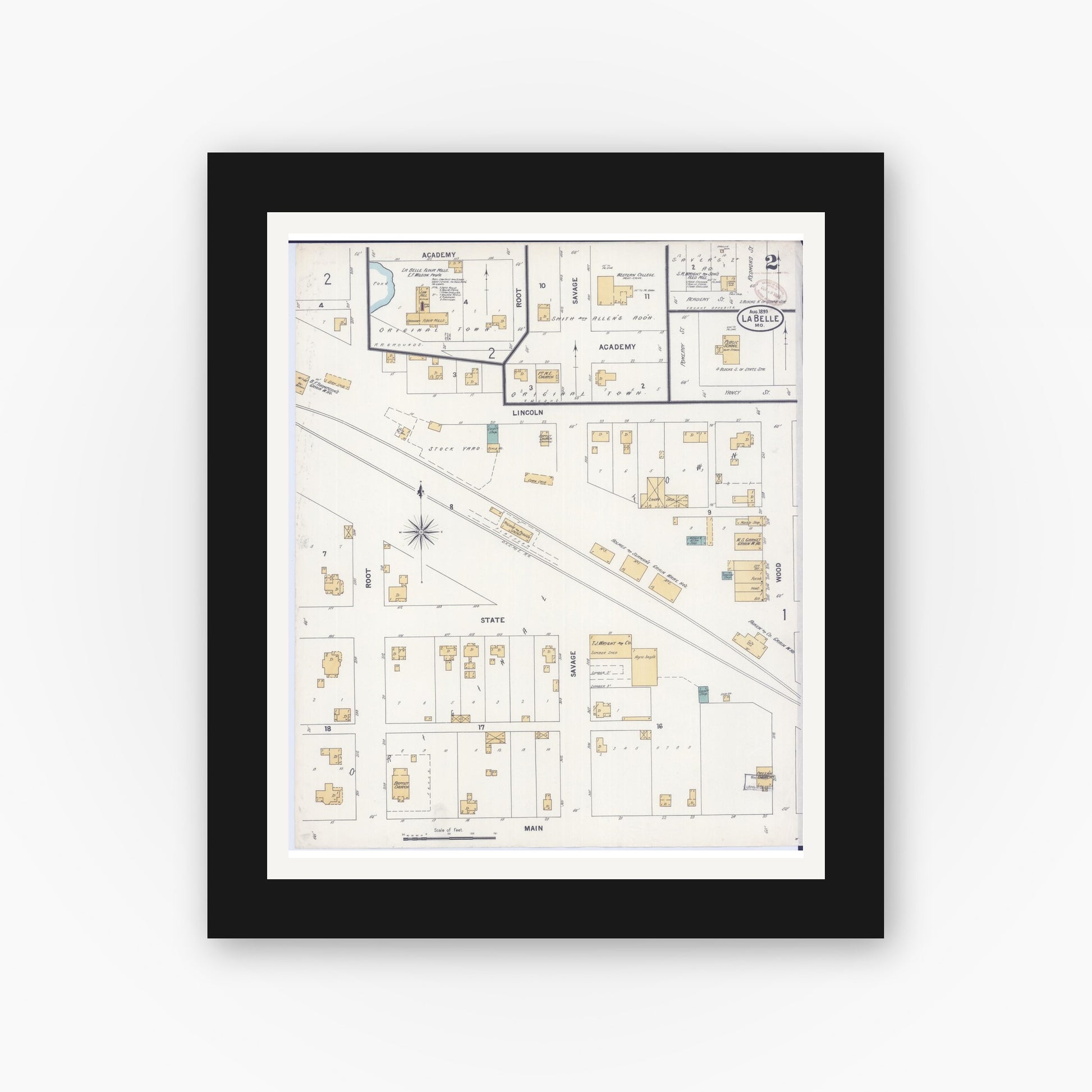 Old map wall art mockup — black gallery frame with white mat — Sanborn Fire Insurance Map from La Belle, Lewis County, Missouri (1899), Sheet #0002