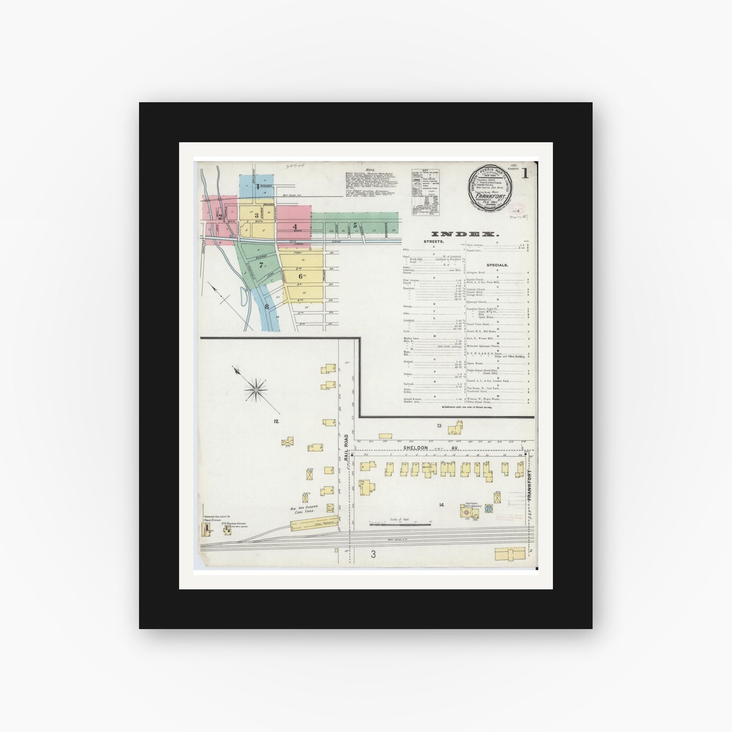 Old map wall art mockup — black gallery frame with white mat — Sanborn Fire Insurance Map from Frankfort, Herkimer County, New York (1897) - Complete Map Set