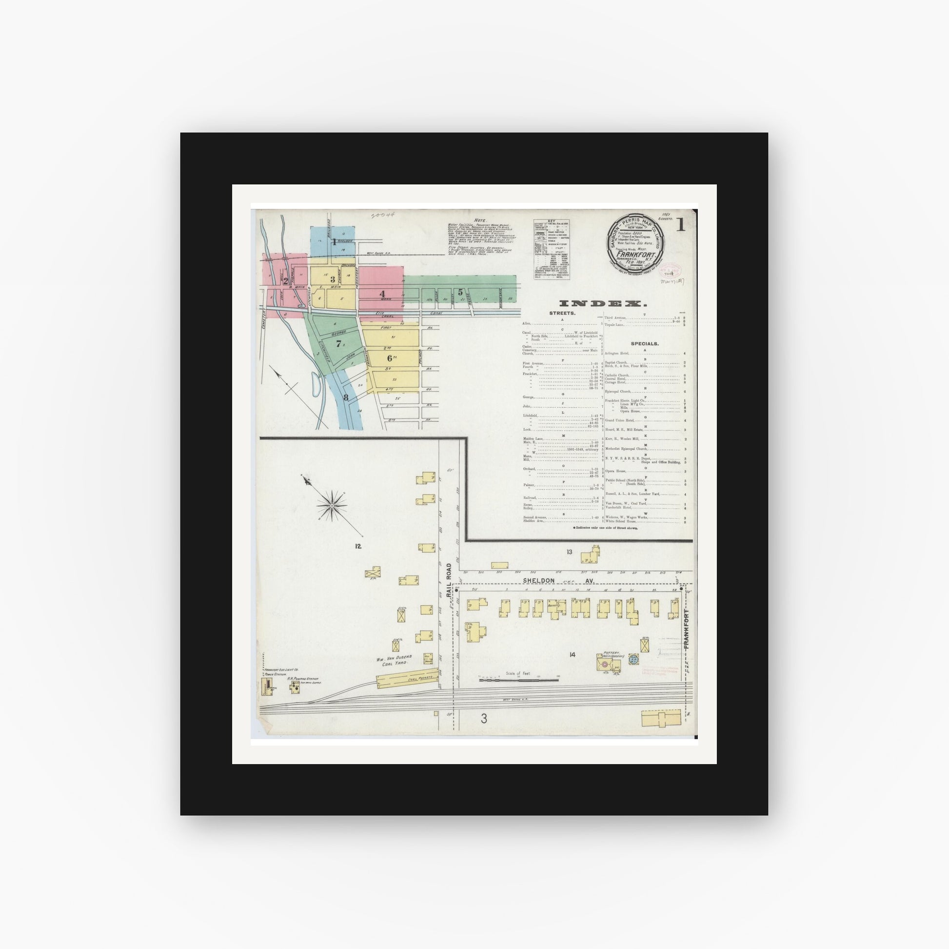 Old map wall art mockup — black gallery frame with white mat — Sanborn Fire Insurance Map from Frankfort, Herkimer County, New York (1897) - Complete Map Set