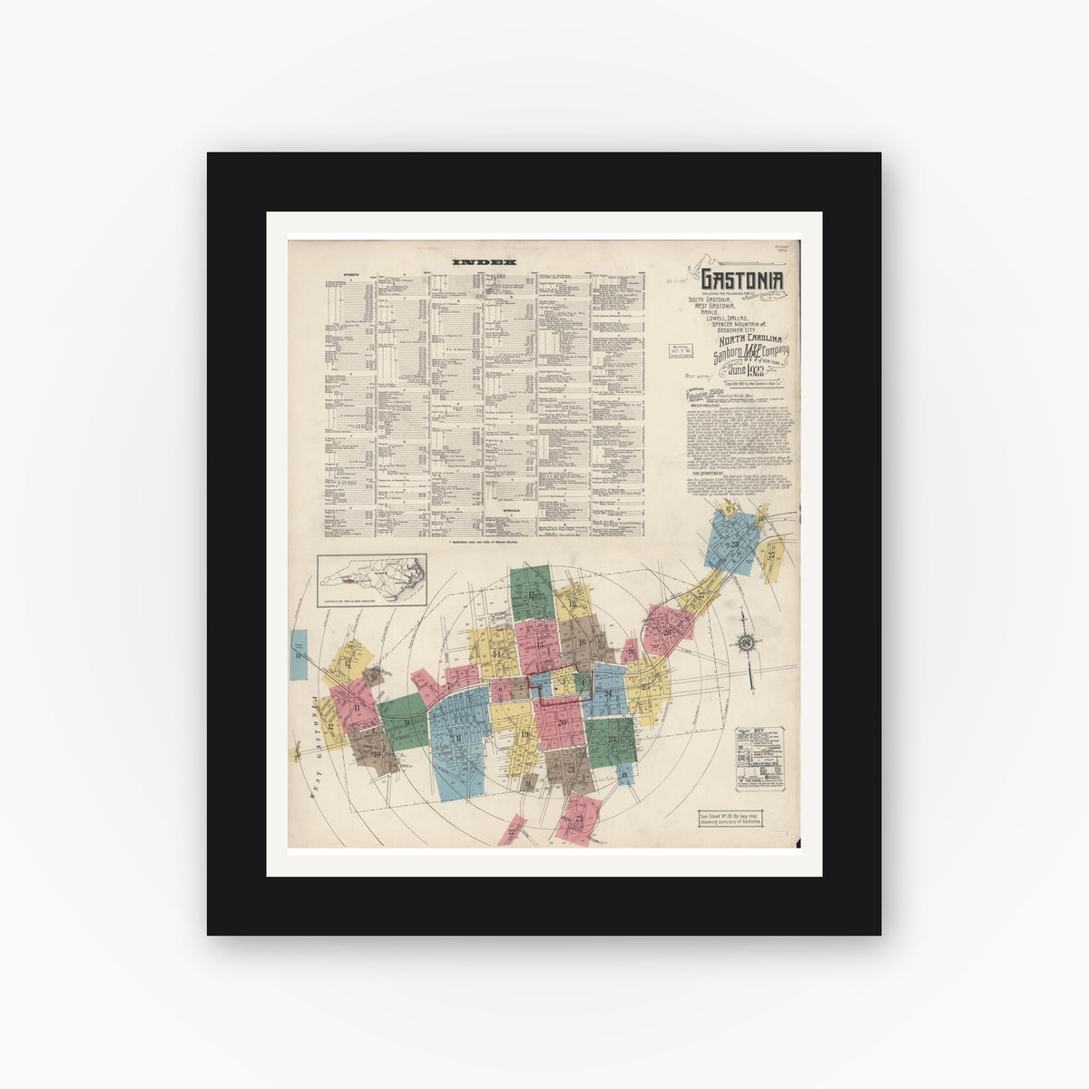 Old map wall art mockup — black gallery frame with white mat — Sanborn Fire Insurance Map from Gastonia, Gaston County, North Carolina (1922) - Complete Map Set