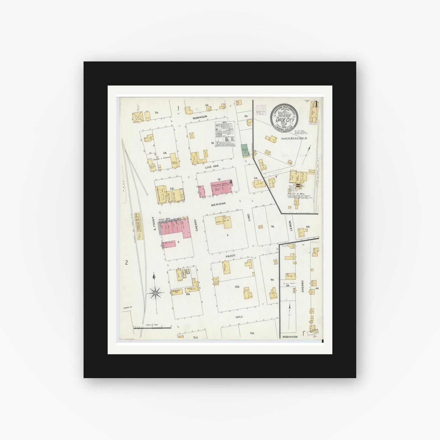 Old map wall art mockup — black gallery frame with white mat — Sanborn Fire Insurance Map from Dade City, Pasco County, Florida (1908) - Complete Map Set
