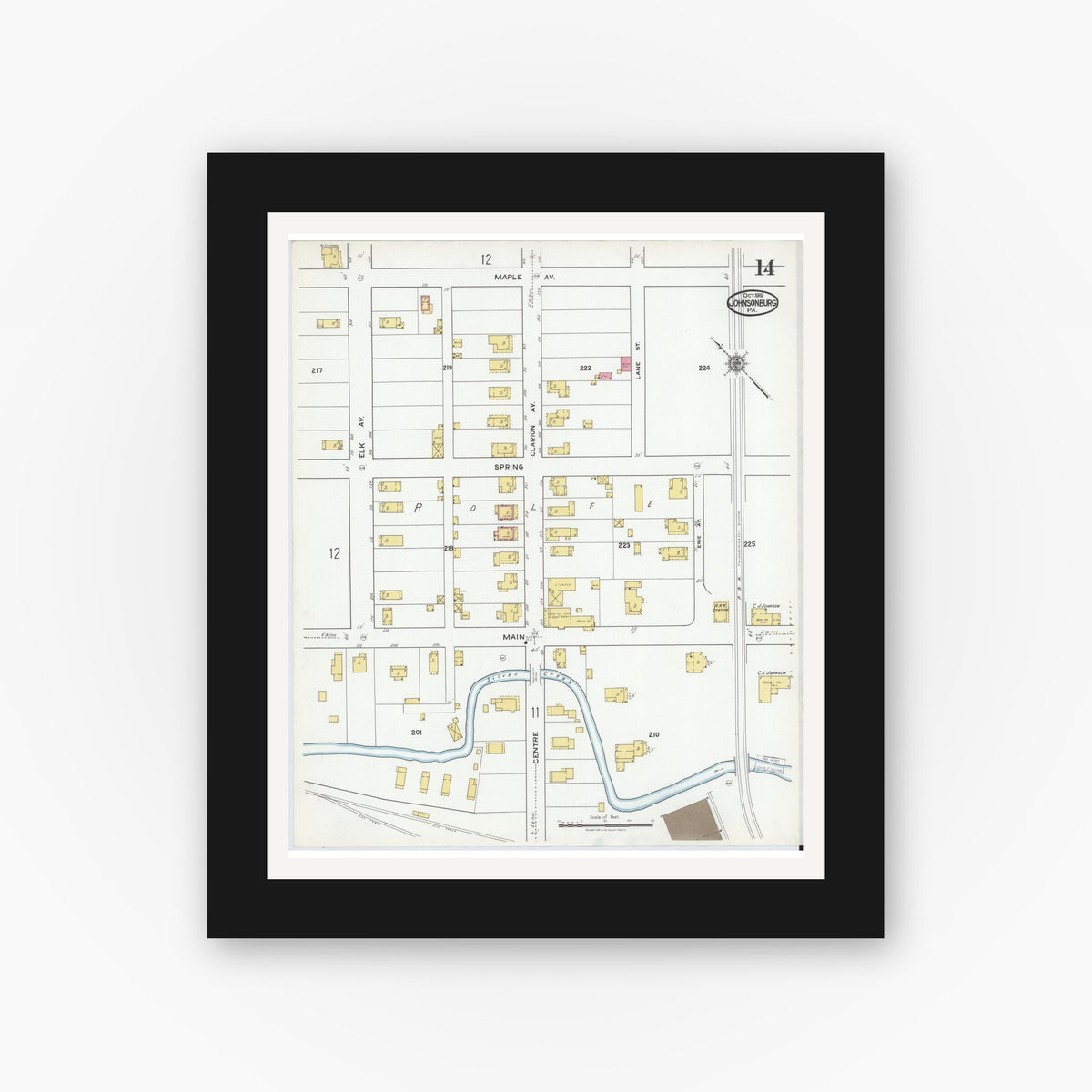 Old map wall art mockup — black gallery frame with white mat — Sanborn Fire Insurance Map from Johnsonburg, Elk County, Pennsylvania (1919), Sheet #0014