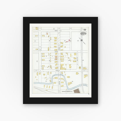 Old map wall art mockup — black gallery frame with white mat — Sanborn Fire Insurance Map from Johnsonburg, Elk County, Pennsylvania (1919), Sheet #0014