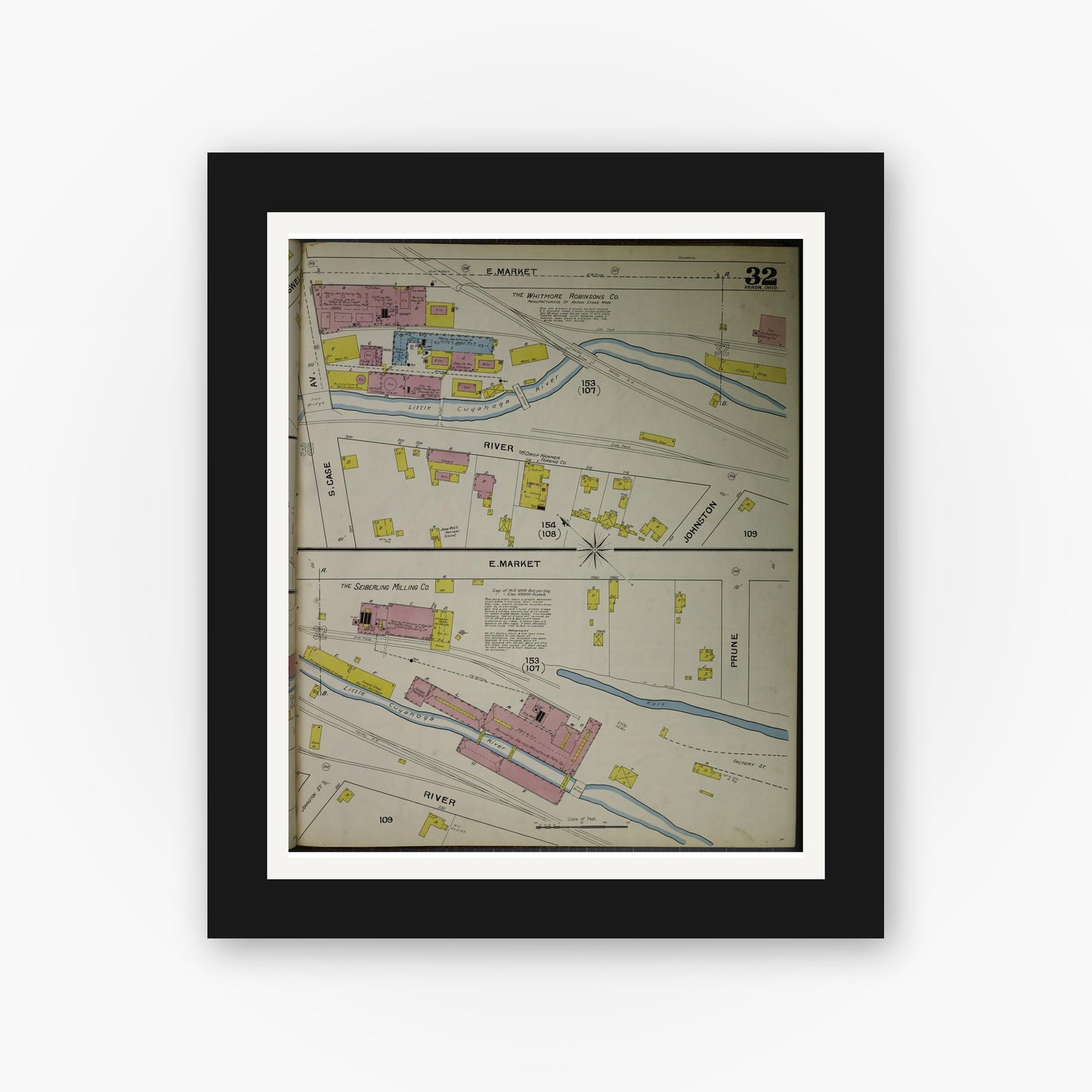 Old map wall art mockup — black gallery frame with white mat — Sanborn Fire Insurance Map from Akron, Summit County, Ohio (1892), Sheet #0032