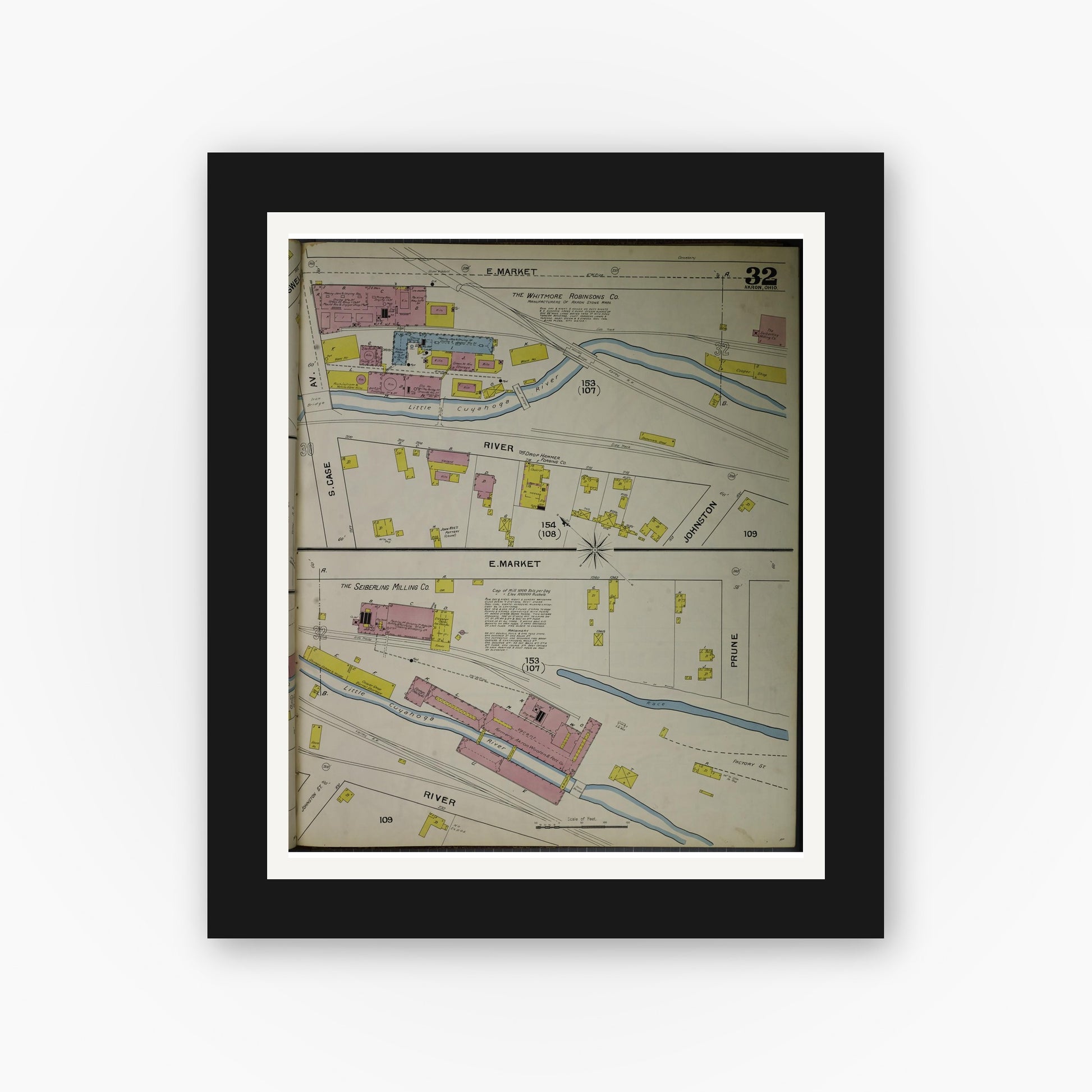 Old map wall art mockup — black gallery frame with white mat — Sanborn Fire Insurance Map from Akron, Summit County, Ohio (1892), Sheet #0032