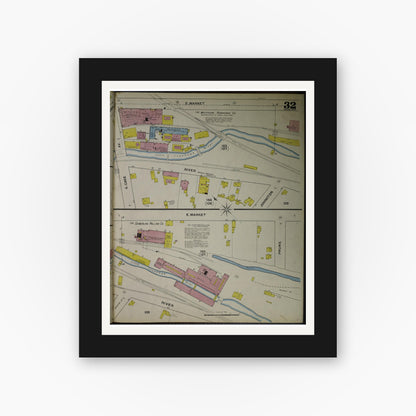 Old map wall art mockup — black gallery frame with white mat — Sanborn Fire Insurance Map from Akron, Summit County, Ohio (1892), Sheet #0032