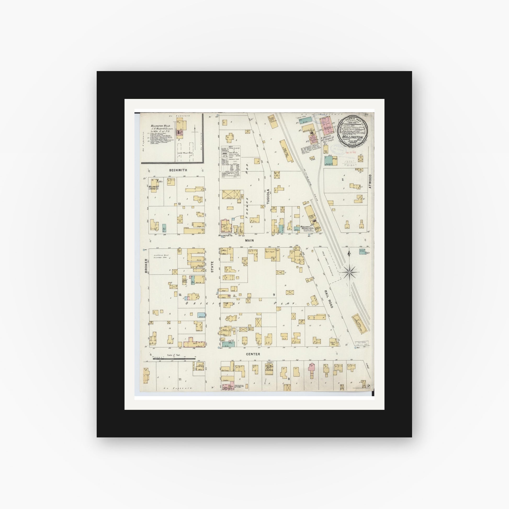 Old map wall art mockup — black gallery frame with white mat — Sanborn Fire Insurance Map from Millington, Tuscola County, Michigan (1898), Sheet #0001