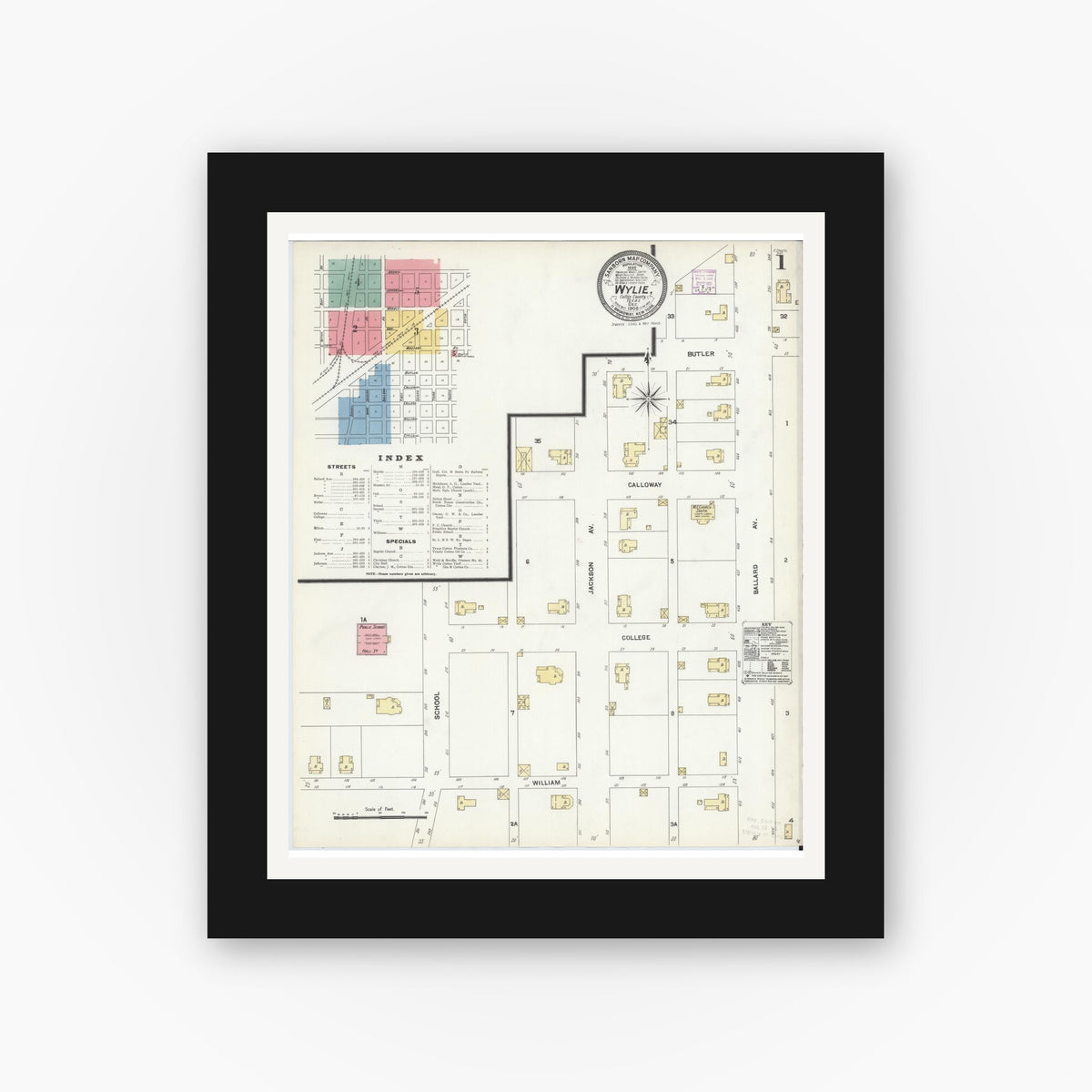 Old map wall art mockup — black gallery frame with white mat — Sanborn Fire Insurance Map from Wylie, Collin County, Texas (1906) - Complete Map Set