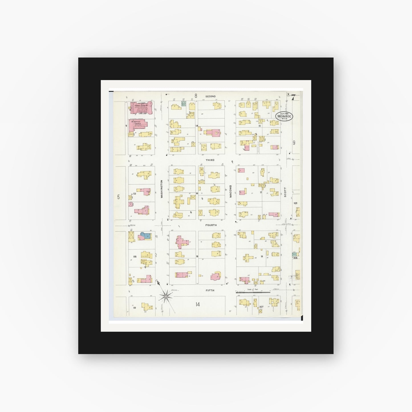 Old map wall art mockup — black gallery frame with white mat — Sanborn Fire Insurance Map from Monroe, Monroe County, Michigan (1908), Sheet #0007
