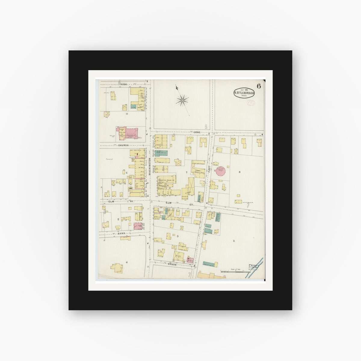 Old map wall art mockup — black gallery frame with white mat — Sanborn Fire Insurance Map from North Attleborough, Bristol County, Massachusetts (1894), Sheet #0006