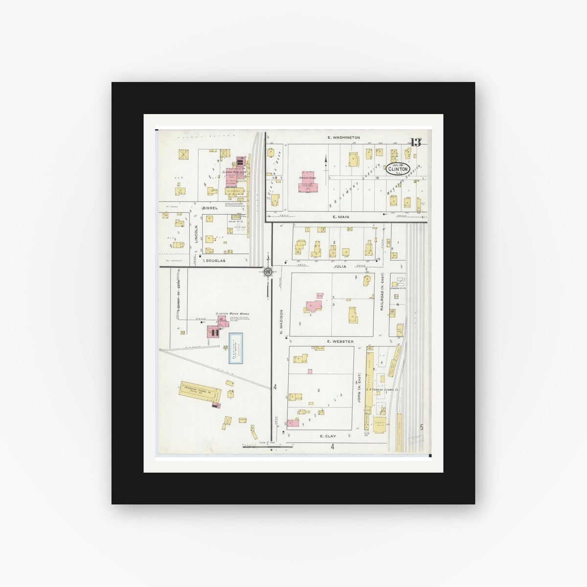Old map wall art mockup — black gallery frame with white mat — Sanborn Fire Insurance Map from Clinton, De Witt County, Illinois (1916), Sheet #0013