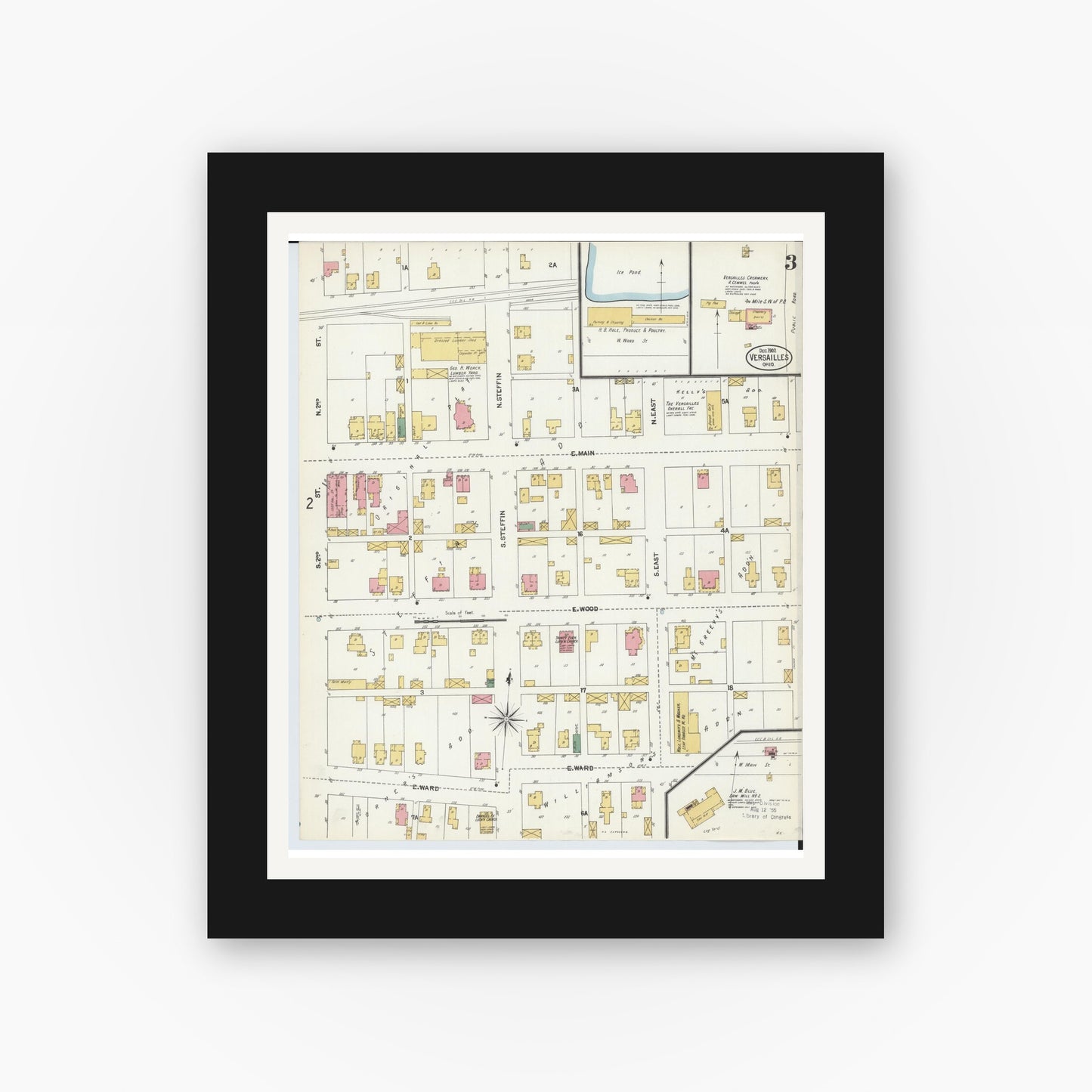 Old map wall art mockup — black gallery frame with white mat — Sanborn Fire Insurance Map from Versailles, Darke County, Ohio (1902), Sheet #0003