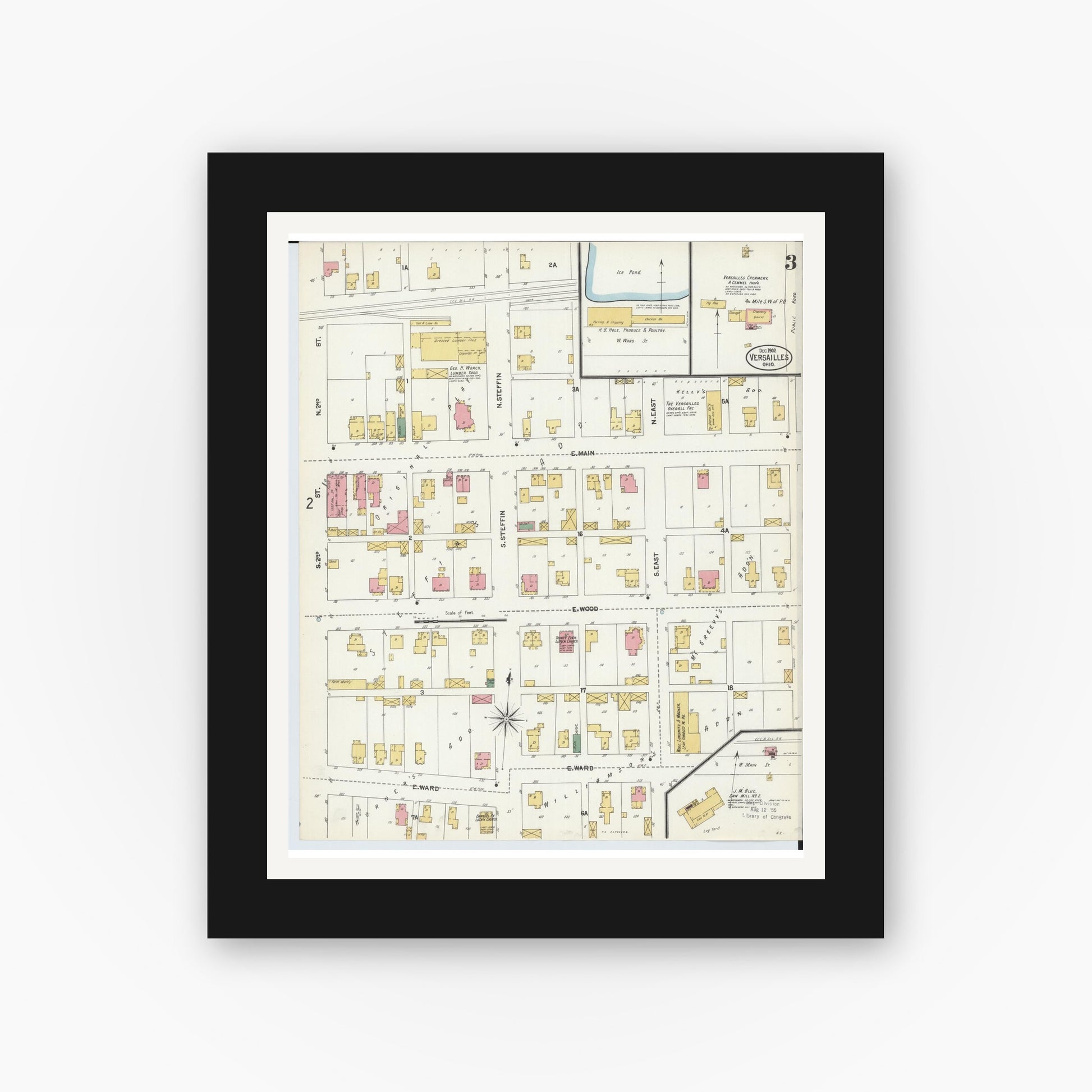 Old map wall art mockup — black gallery frame with white mat — Sanborn Fire Insurance Map from Versailles, Darke County, Ohio (1902), Sheet #0003