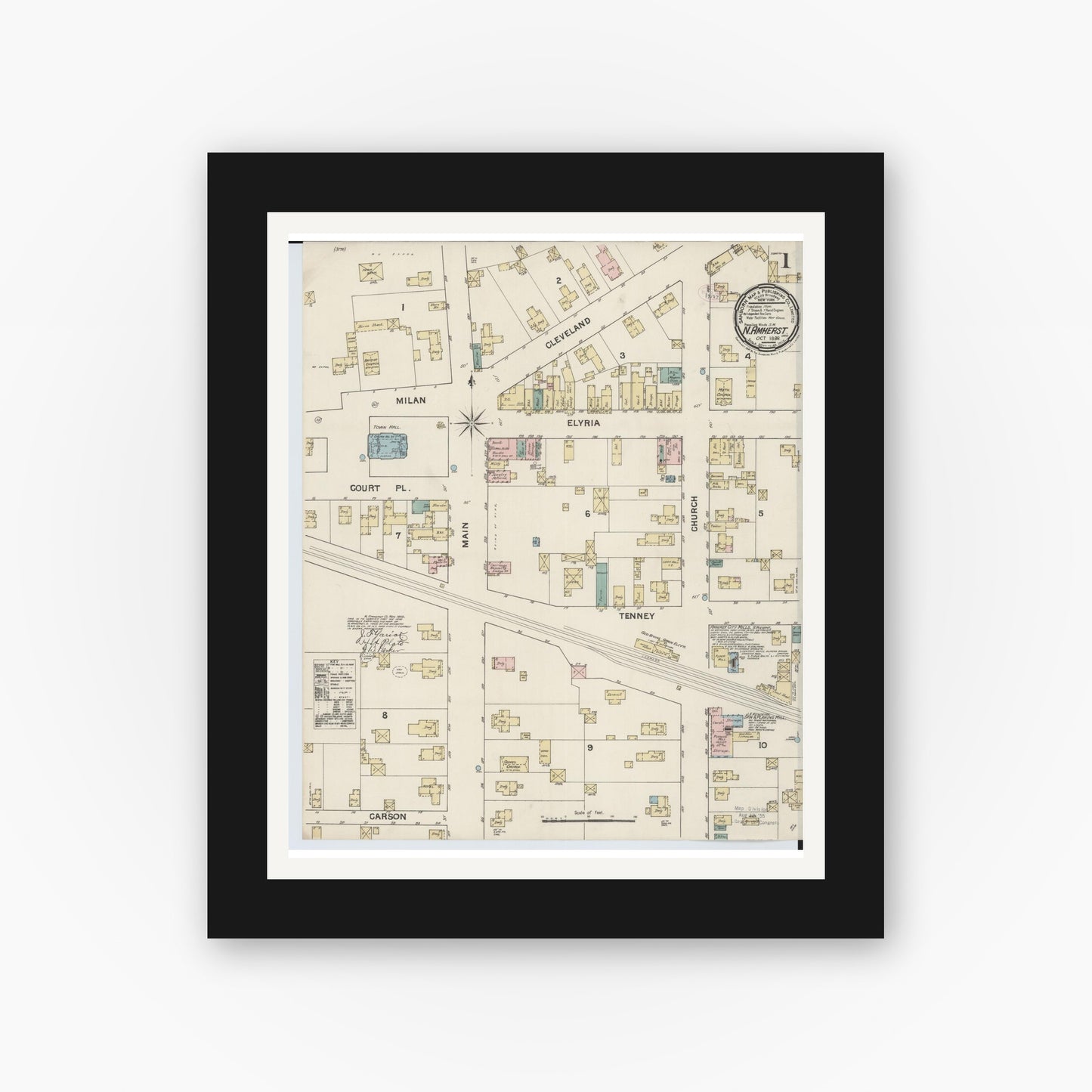 Old map wall art mockup — black gallery frame with white mat — Sanborn Fire Insurance Map from North Amherst, Lorain County, Ohio (1888), Sheet #0001