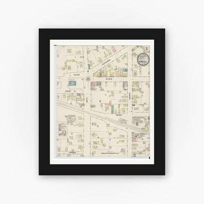 Old map wall art mockup — black gallery frame with white mat — Sanborn Fire Insurance Map from North Amherst, Lorain County, Ohio (1888), Sheet #0001
