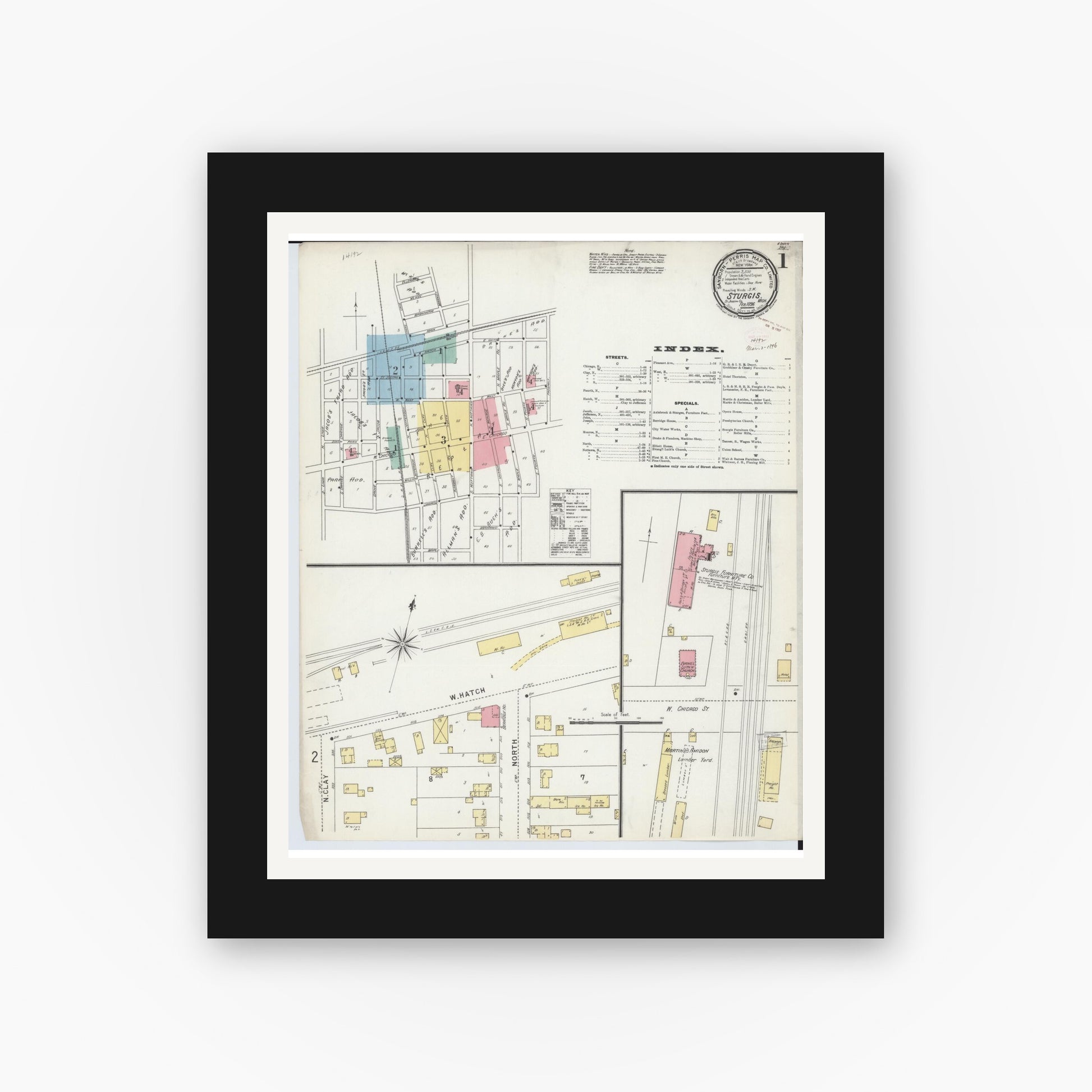 Old map wall art mockup — black gallery frame with white mat — Sanborn Fire Insurance Map from Sturgis, Saint Joseph County, Michigan (1895), Sheet #0001