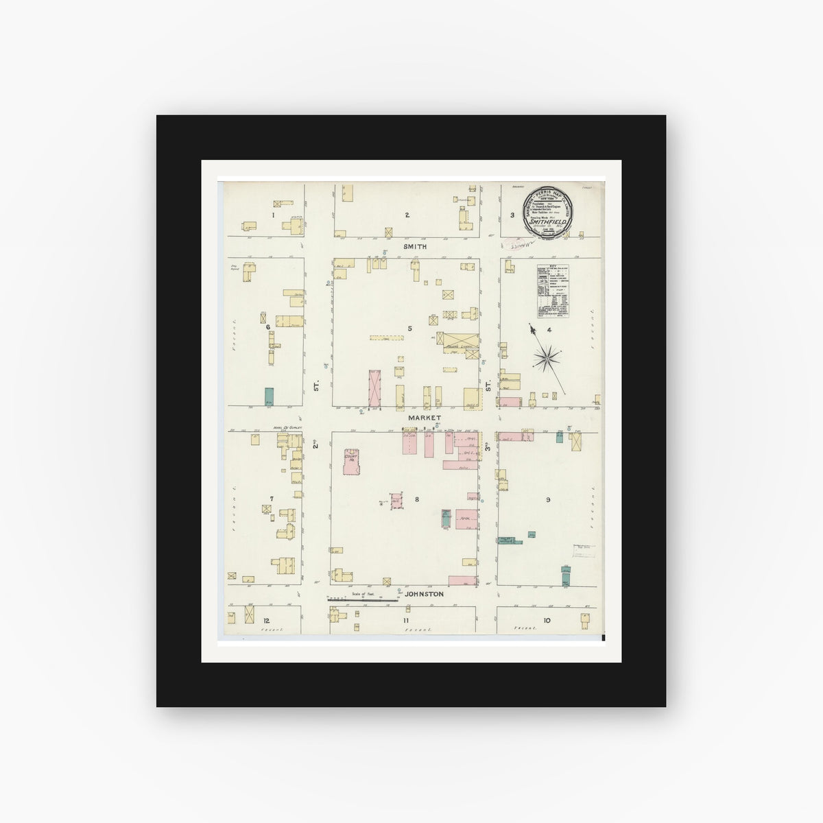 Old map wall art mockup — black gallery frame with white mat — Sanborn Fire Insurance Map from Smithfield, Johnston County, North Carolina (1891), Sheet #0001