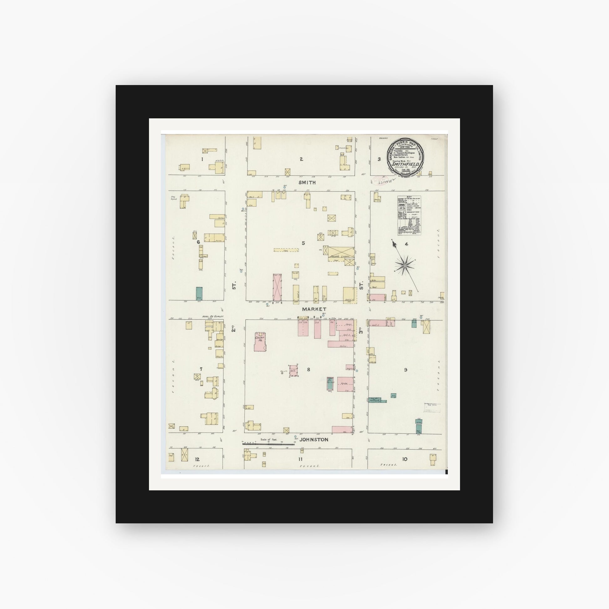 Old map wall art mockup — black gallery frame with white mat — Sanborn Fire Insurance Map from Smithfield, Johnston County, North Carolina (1891), Sheet #0001