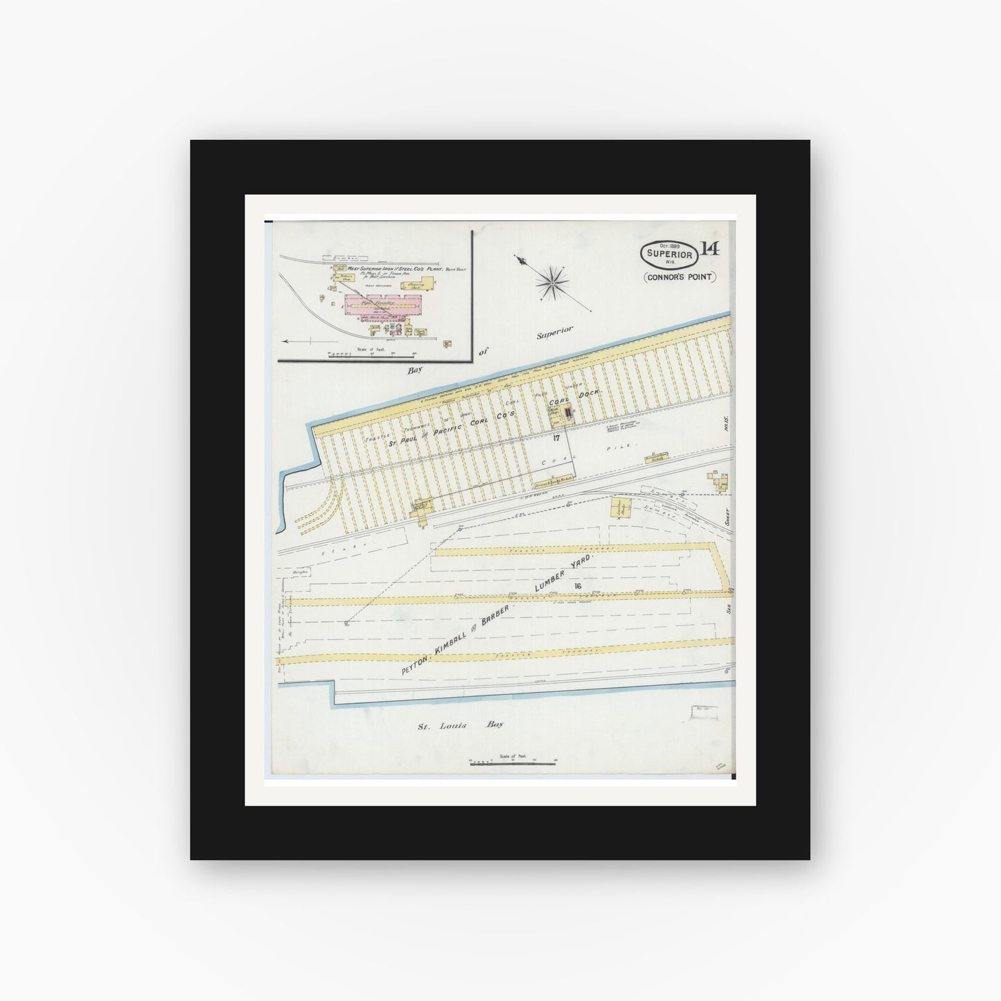Old map wall art mockup — black gallery frame with white mat — Sanborn Fire Insurance Map from Superior, Douglas County, Wisconsin (1889), Sheet #0014