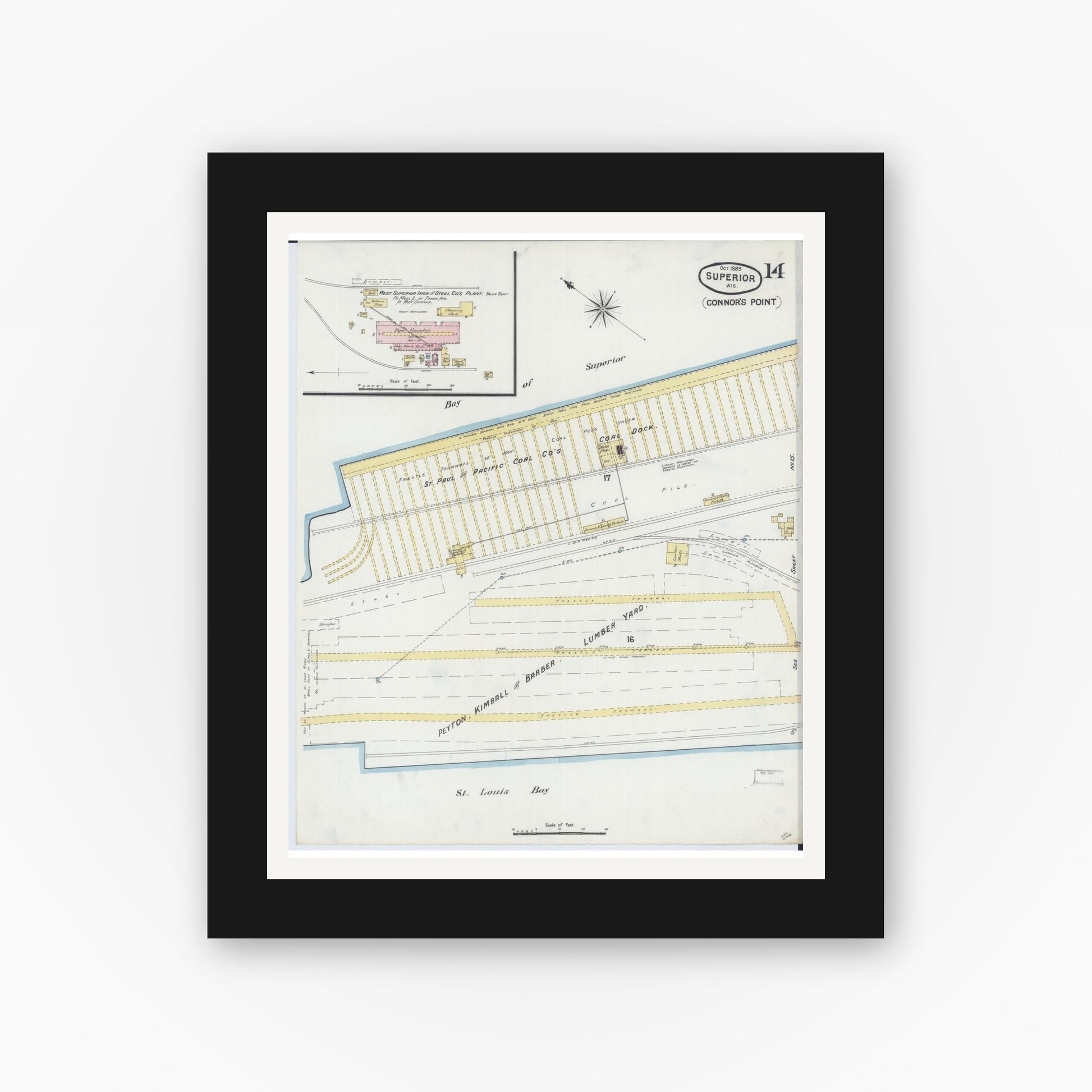 Old map wall art mockup — black gallery frame with white mat — Sanborn Fire Insurance Map from Superior, Douglas County, Wisconsin (1889), Sheet #0014