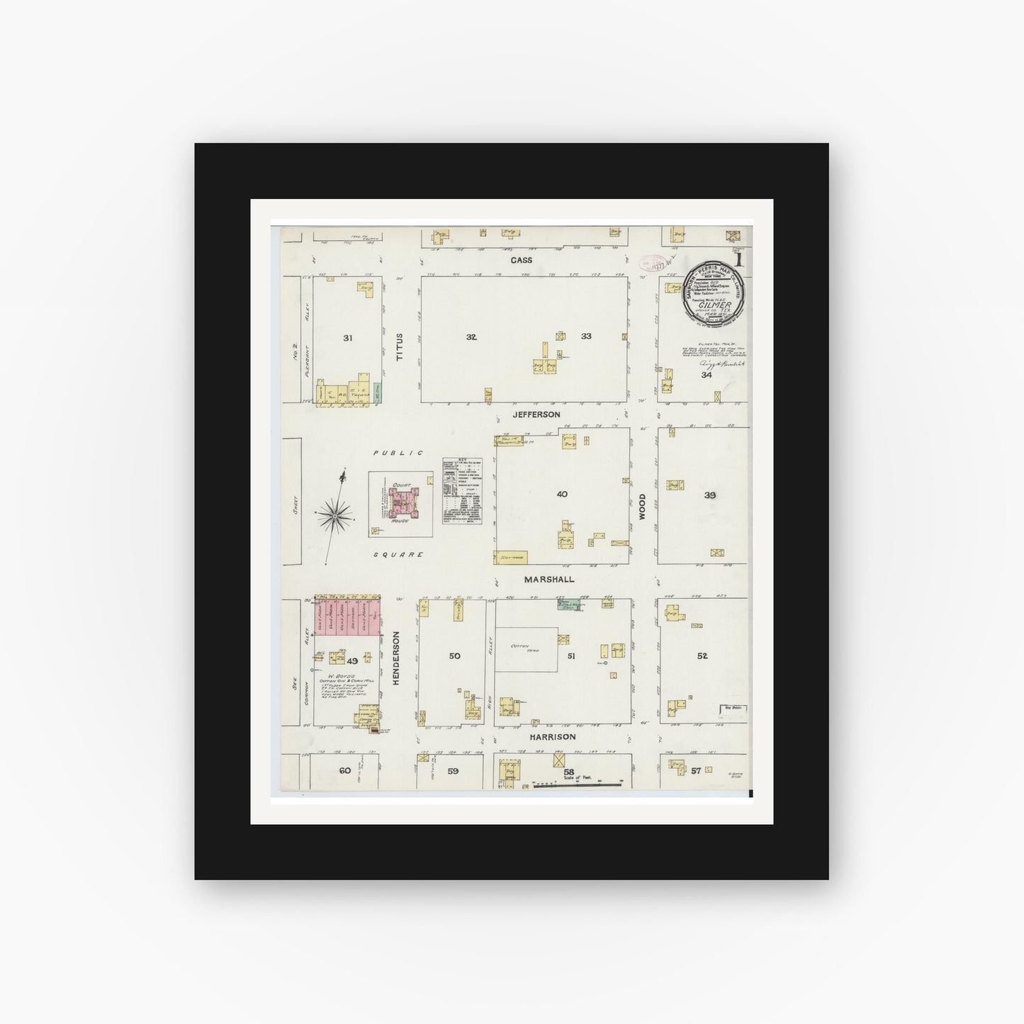 Old map wall art mockup — black gallery frame with white mat — Sanborn Fire Insurance Map from Gilmer, Upshur County, Texas (1891) - Complete Map Set