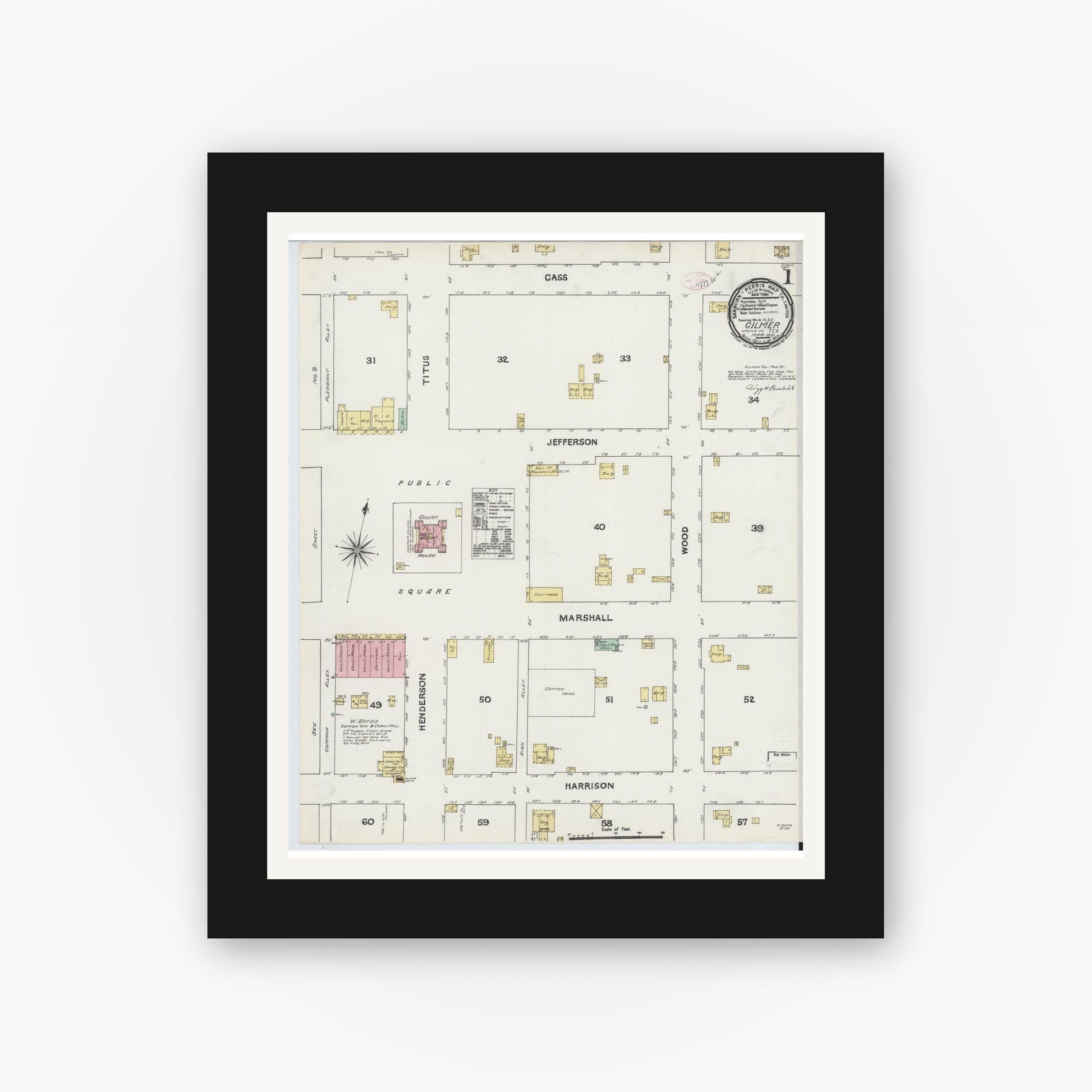 Old map wall art mockup — black gallery frame with white mat — Sanborn Fire Insurance Map from Gilmer, Upshur County, Texas (1891) - Complete Map Set