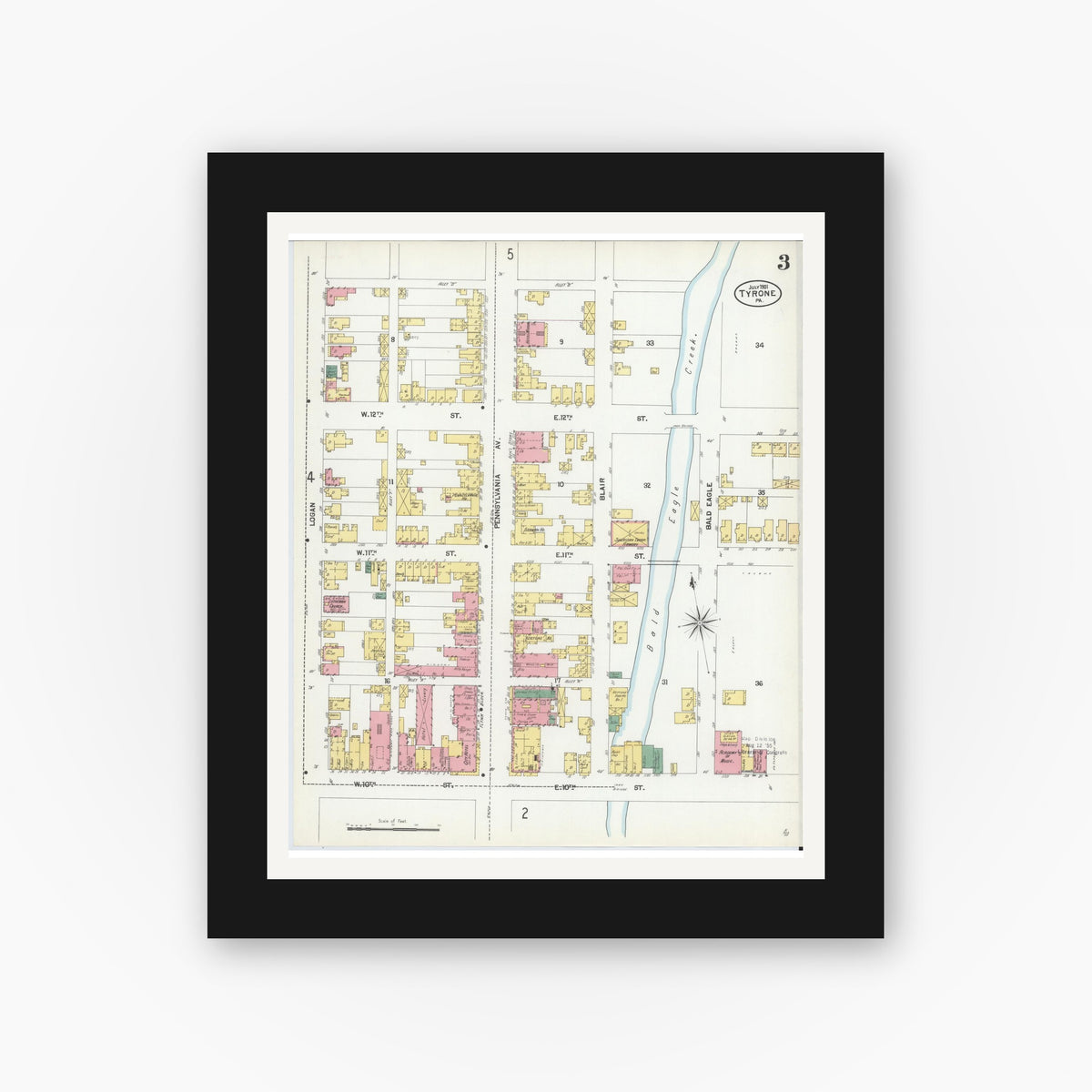 Old map wall art mockup — black gallery frame with white mat — Sanborn Fire Insurance Map from Tyrone, Blair County, Pennsylvania (1901), Sheet #0003